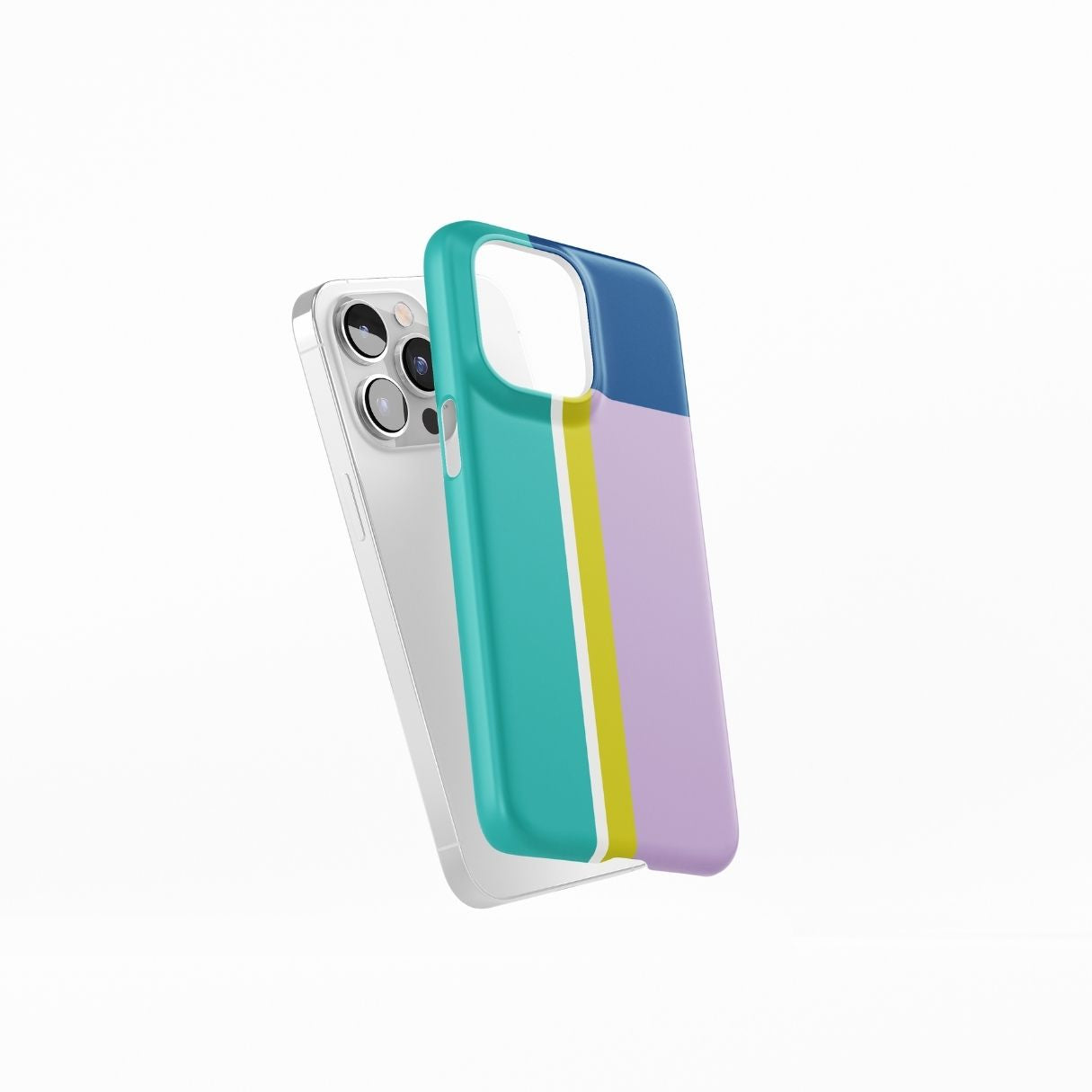 Ultra thin snap phone case Retro Stripes Teal pattern design with a bold color blocks in vintage, mid century modern style, featuring an elegant and expressive aesthetic design. Main colors are navy blue, teal green, lilac and yellow. Side view.