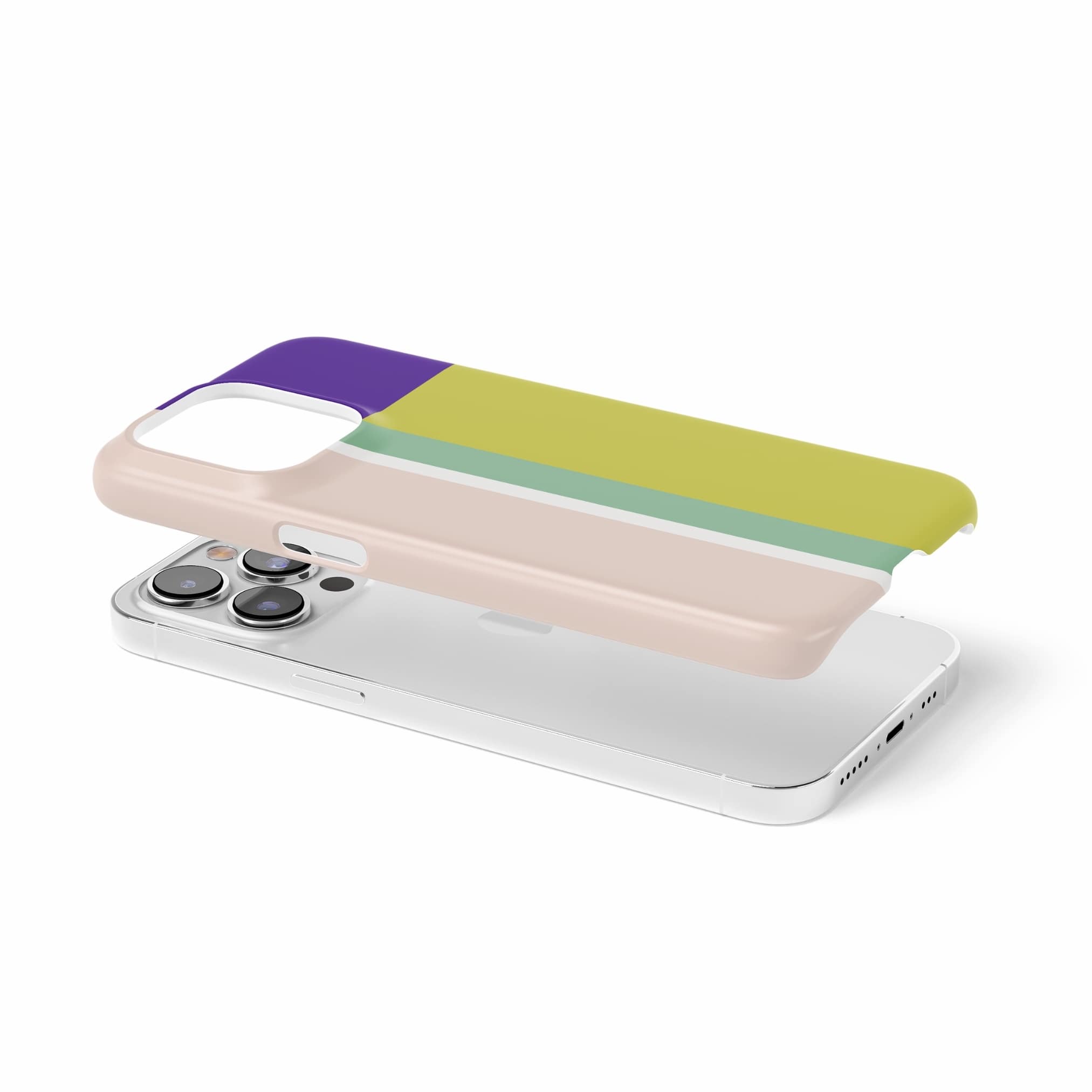 Ultra thin snap phone case Retro Stripes Yellow pattern design with a bold color blocks in vintage, mid century modern style, featuring an elegant and expressive aesthetic design. Main colors are mustard yellow, purple and light pink. Extend view.
