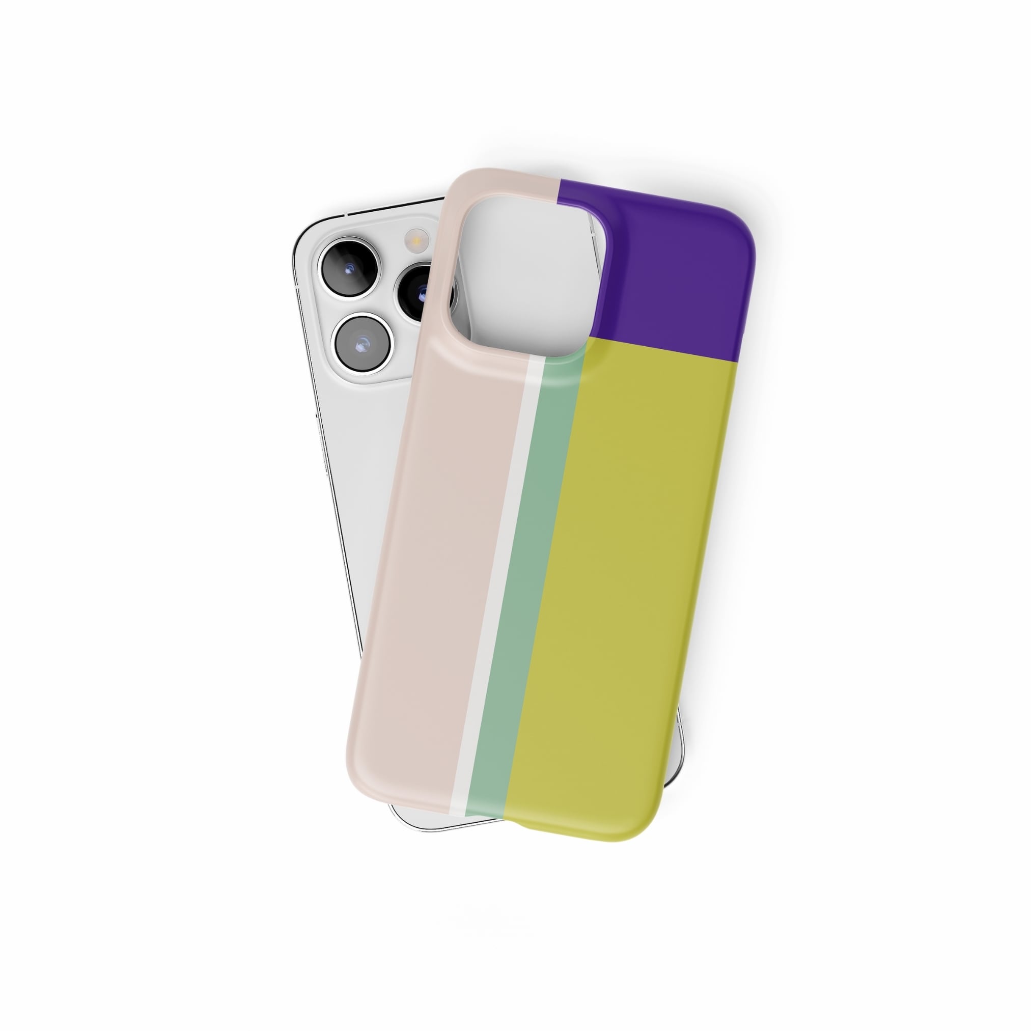 Ultra thin snap phone case Retro Stripes Yellow pattern design with a bold color blocks in vintage, mid century modern style, featuring an elegant and expressive aesthetic design. Main colors are mustard yellow, purple and light pink. Front view.