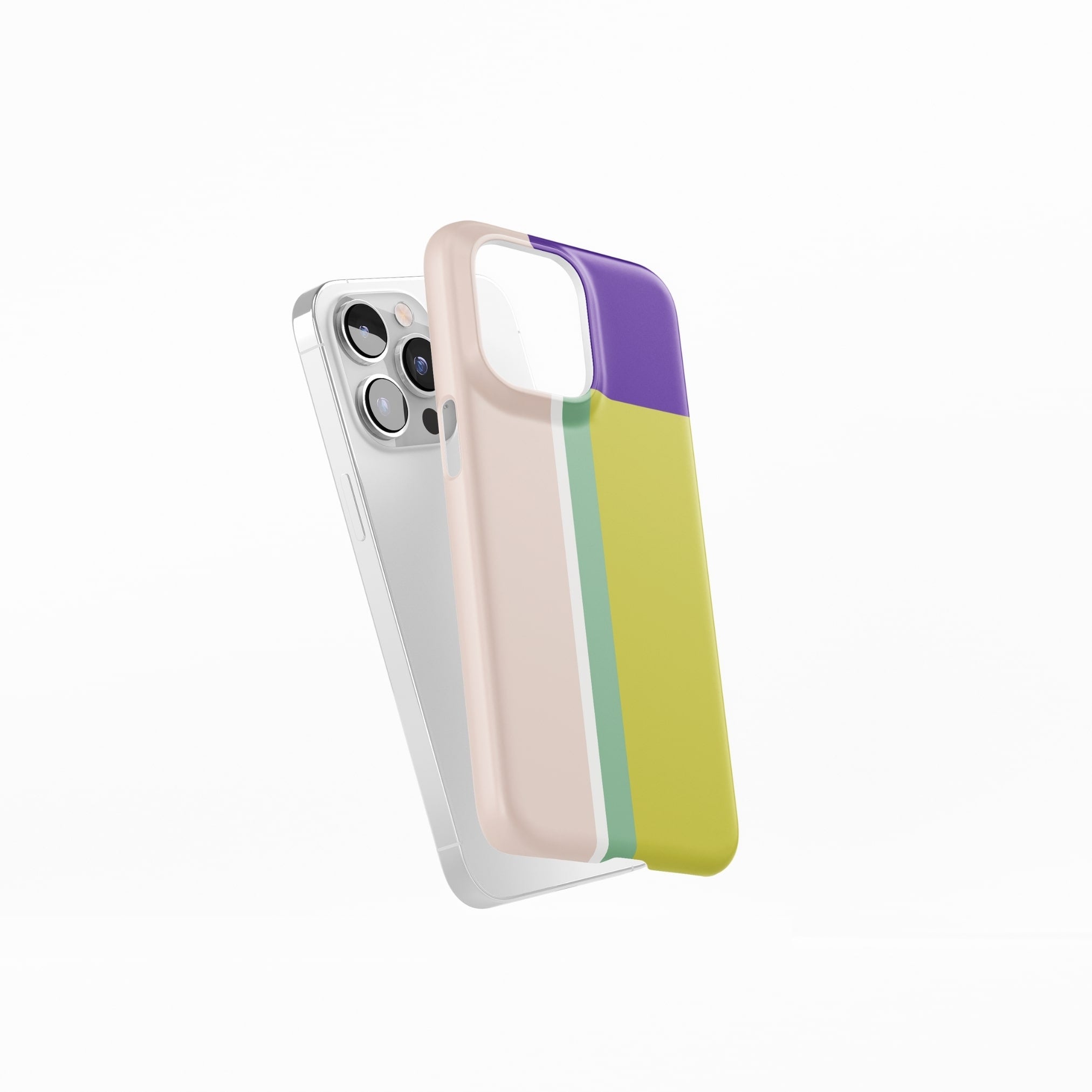 Ultra thin snap phone case Retro Stripes Yellow pattern design with a bold color blocks in vintage, mid century modern style, featuring an elegant and expressive aesthetic design. Main colors are mustard yellow, purple and light pink. Side view.