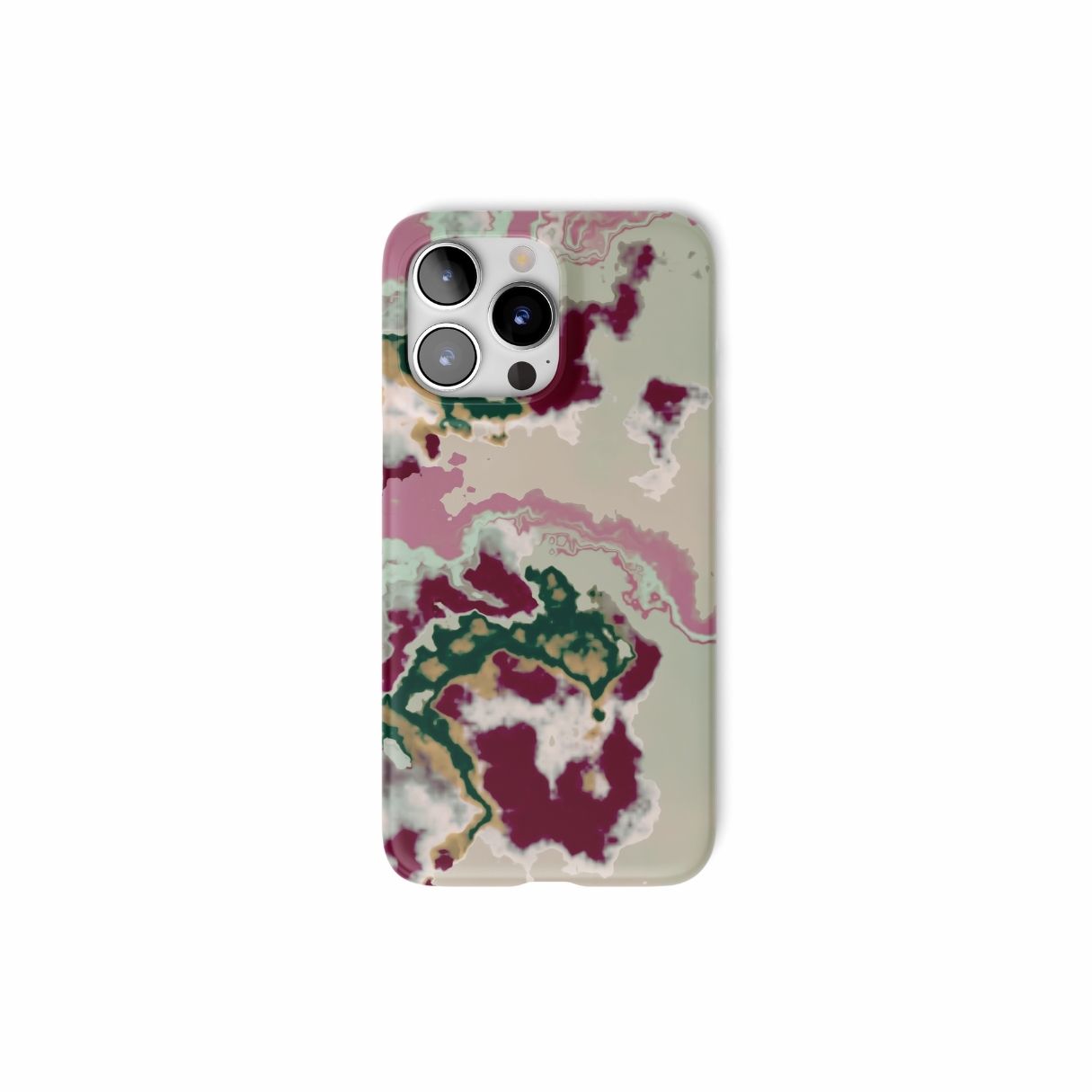 Ultra thin snap phone case with Sandscape Dream Burgundy pattern in artistic, abstract shape. Beige, green and bordeaux color combination. Bold expressive aesthetic design. Colorful and interior fit. Elegant. Front view.