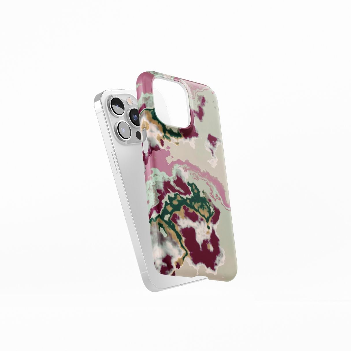 Ultra thin snap phone case with Sandscape Dream Burgundy pattern in artistic, abstract shape. Beige, green and bordeaux color combination. Bold expressive aesthetic design. Colorful and interior fit. Elegant. Side view.