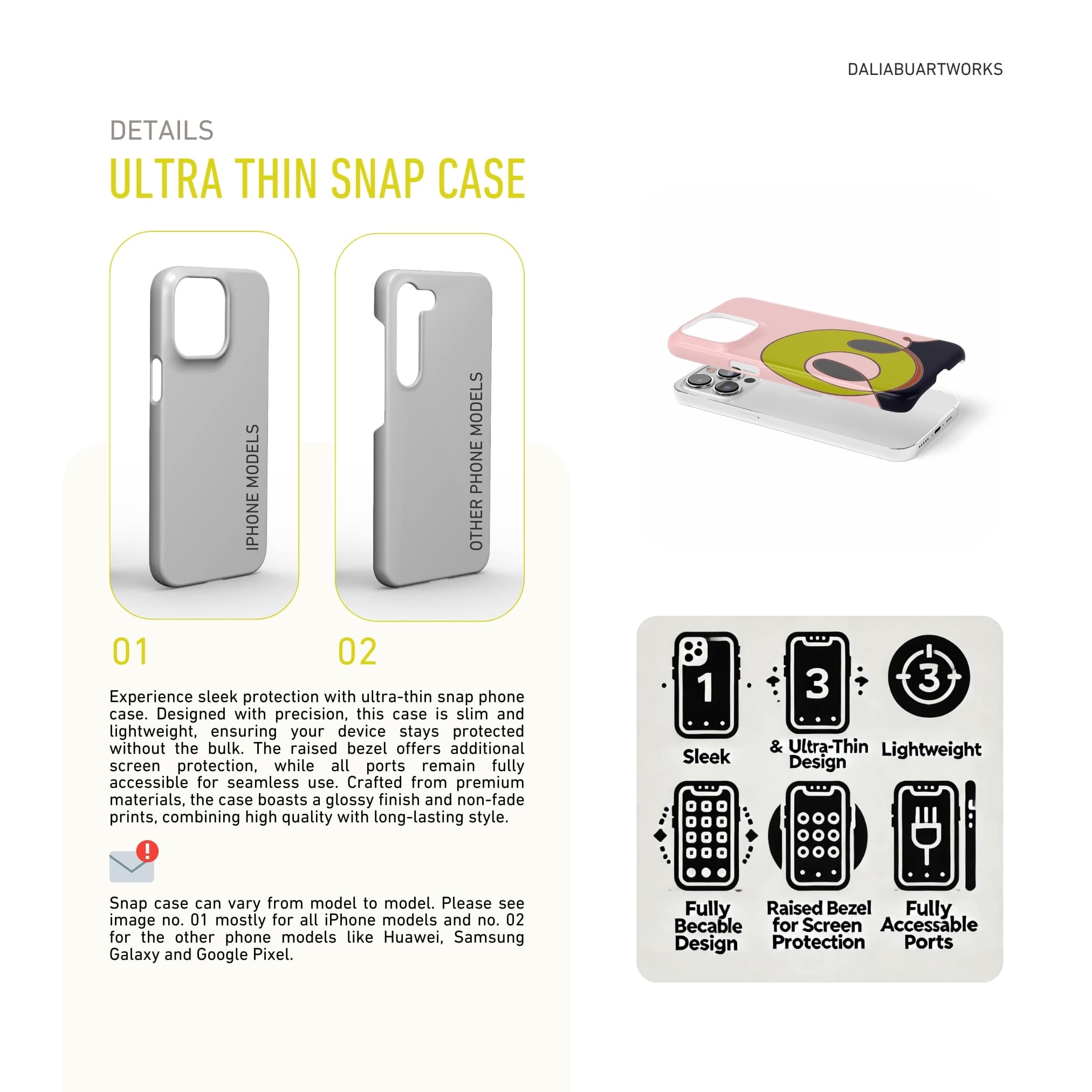 Snap phone case Smile pattern design with a playful, bold expression of joy captured in abstract form, featuring an elegant and expressive aesthetic design. Main colors are pink and mustard yellow. Description about ultra thin snug fit cover benefits.