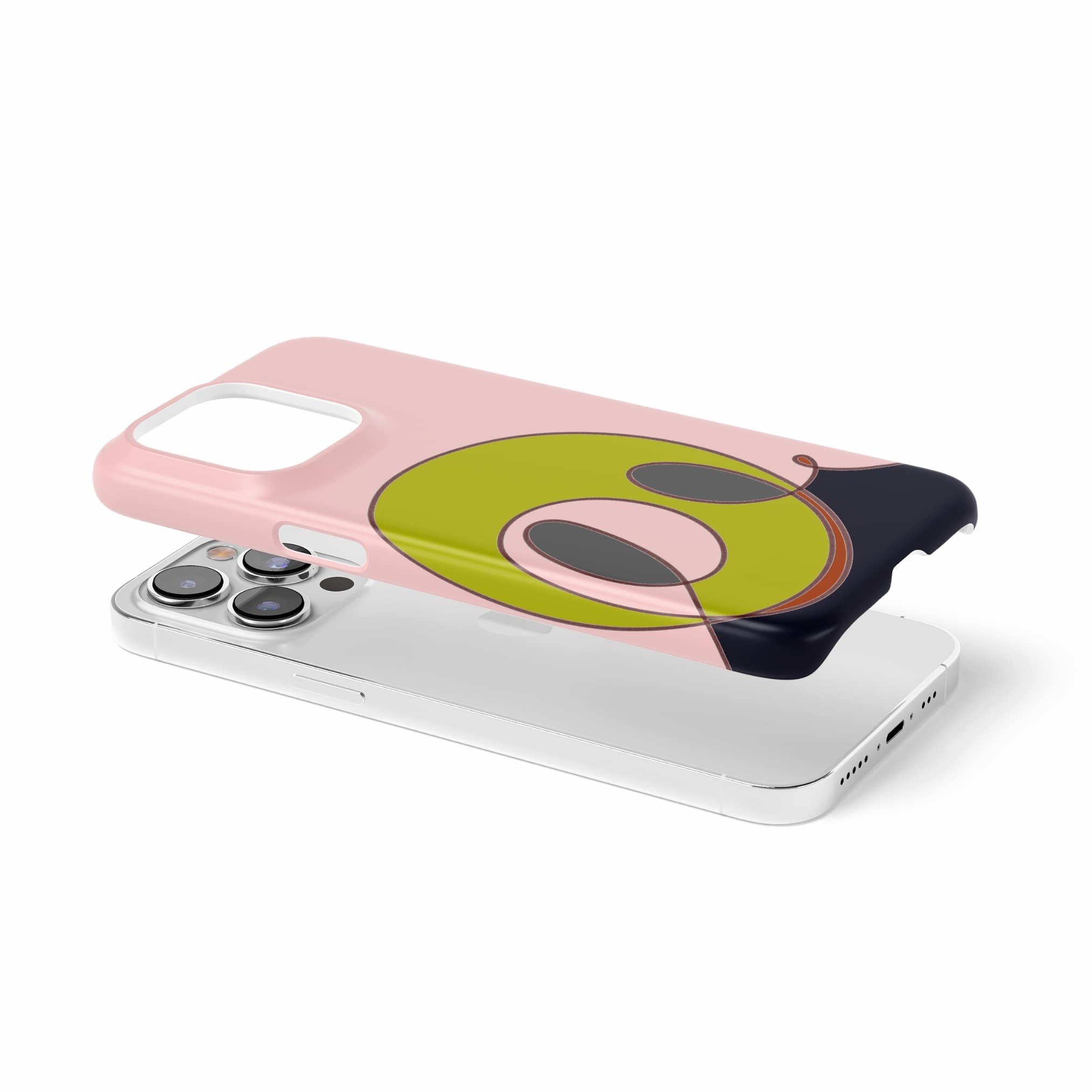 Snap ultra thin snug fit phone case Smile pattern design with a playful, bold expression of joy captured in abstract form, featuring an elegant and expressive aesthetic design. Main colors are pink and mustard yellow. Extend view.