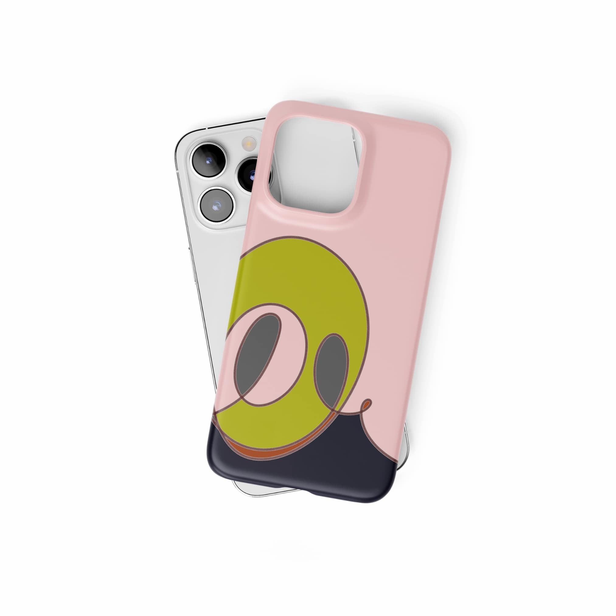 Snap ultra thin snug fit phone case Smile pattern design with a playful, bold expression of joy captured in abstract form, featuring an elegant and expressive aesthetic design. Main colors are pink and mustard yellow. Front view.