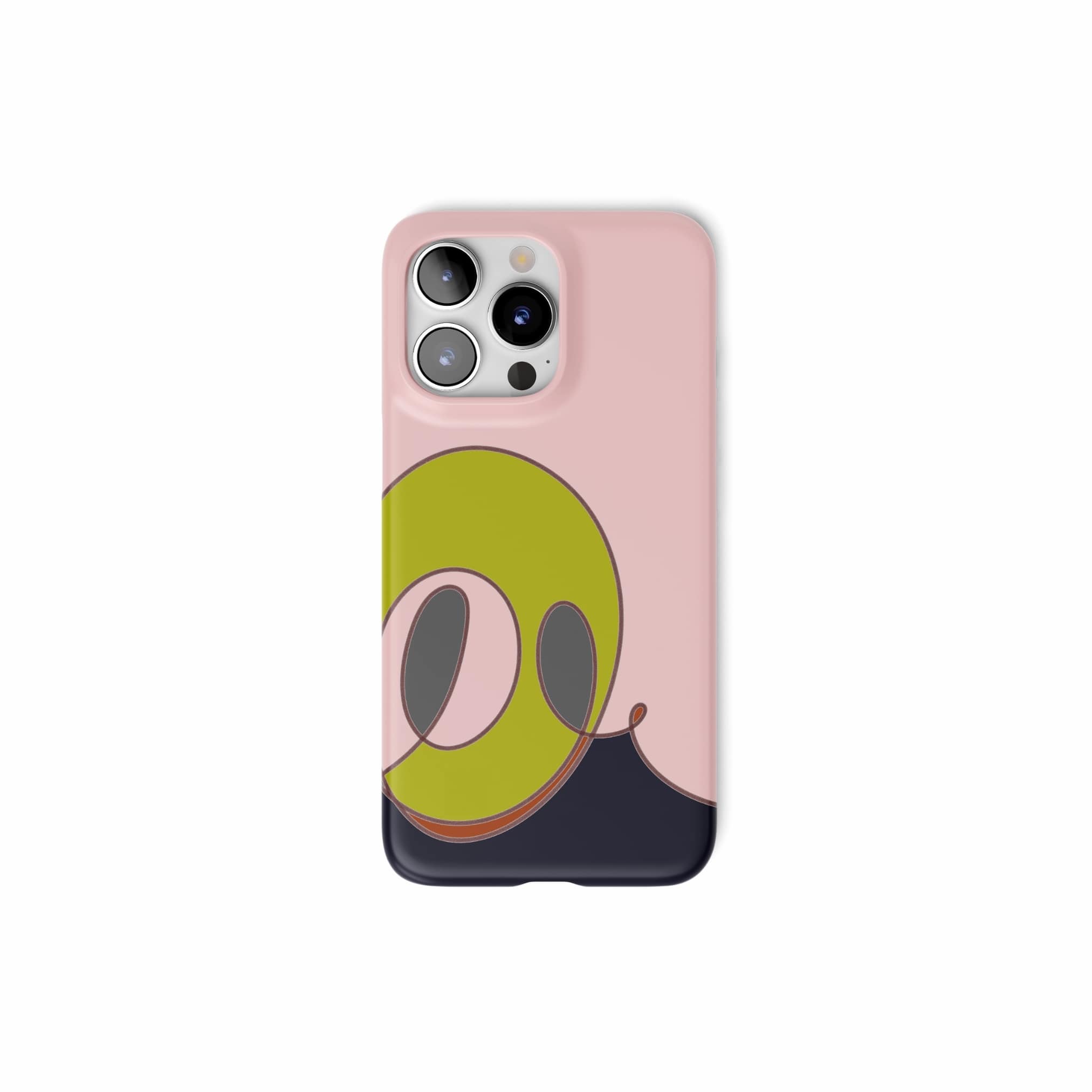 Snap ultra thin snug fit phone case Smile pattern design with a playful, bold expression of joy captured in abstract form, featuring an elegant and expressive aesthetic design. Main colors are pink and mustard yellow. Front view.