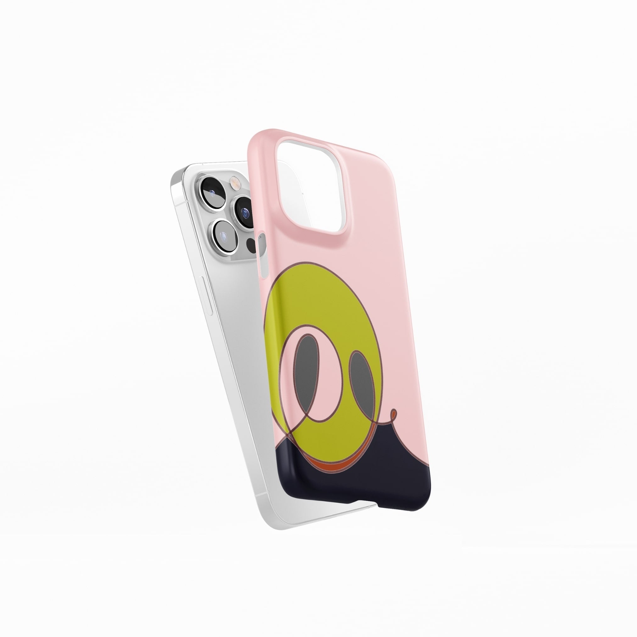 Snap ultra thin snug fit phone case Smile pattern design with a playful, bold expression of joy captured in abstract form, featuring an elegant and expressive aesthetic design. Main colors are pink and mustard yellow. Side view.