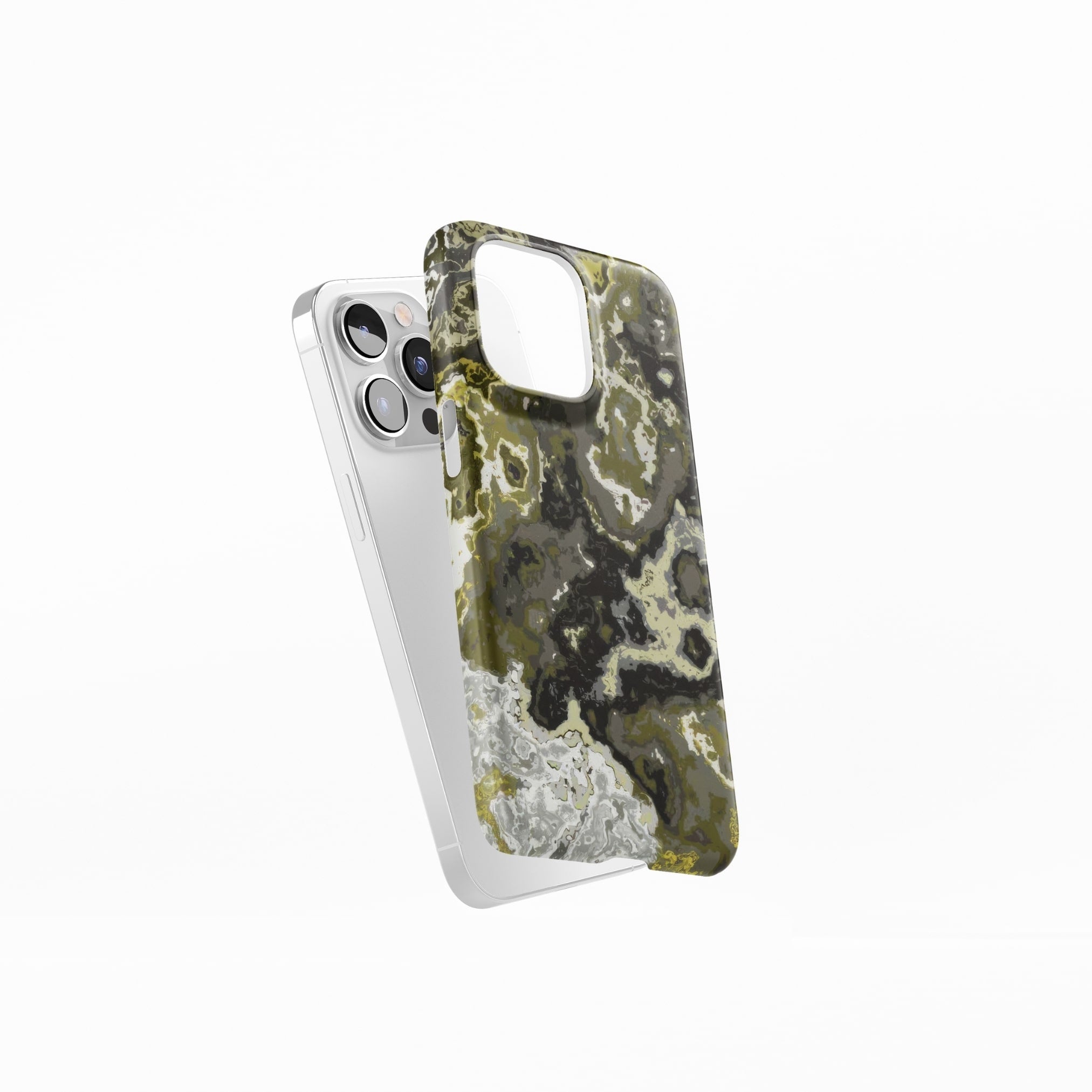 Ultra thin snap phone case side view; Spring Rain 1 pattern, artistic, abstract marble pattern. Black, grey and yellow color combination.