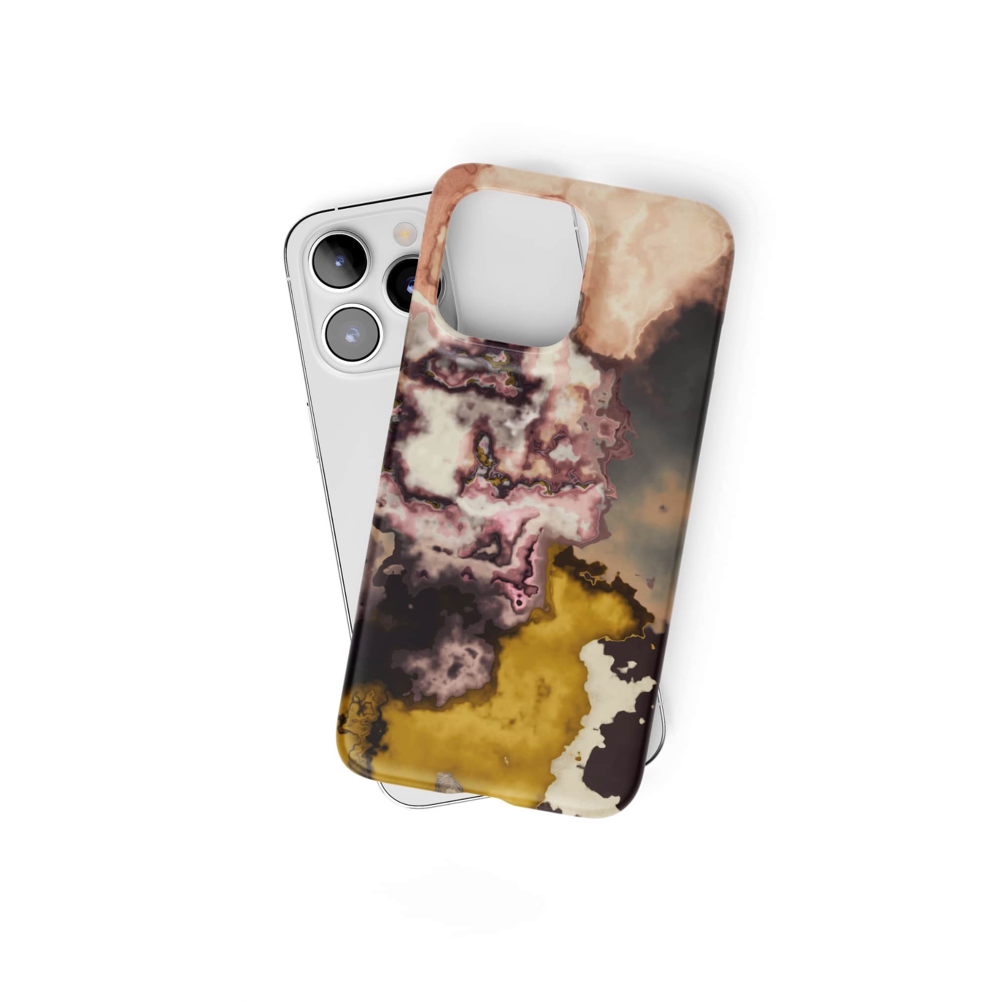 Ultra thin snap phone case front view; storm 1 pattern, artistic, abstract marble pattern. Yellow and beige color combination. Bold expressive aesthetic design. Colorful and interior fit. Elegant.