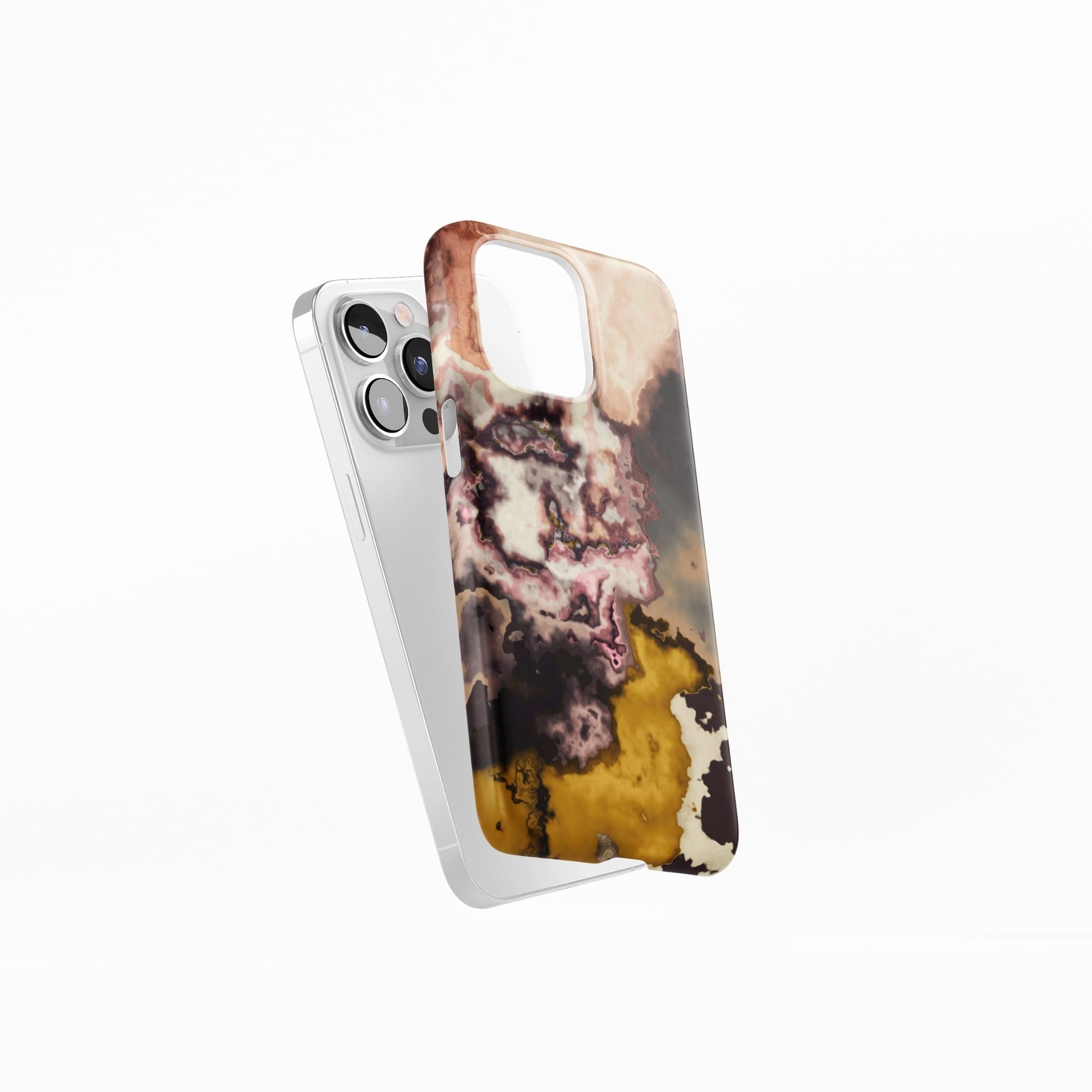 Ultra thin snap phone case side view; storm 1 pattern, artistic, abstract marble pattern. Yellow and beige color combination. 