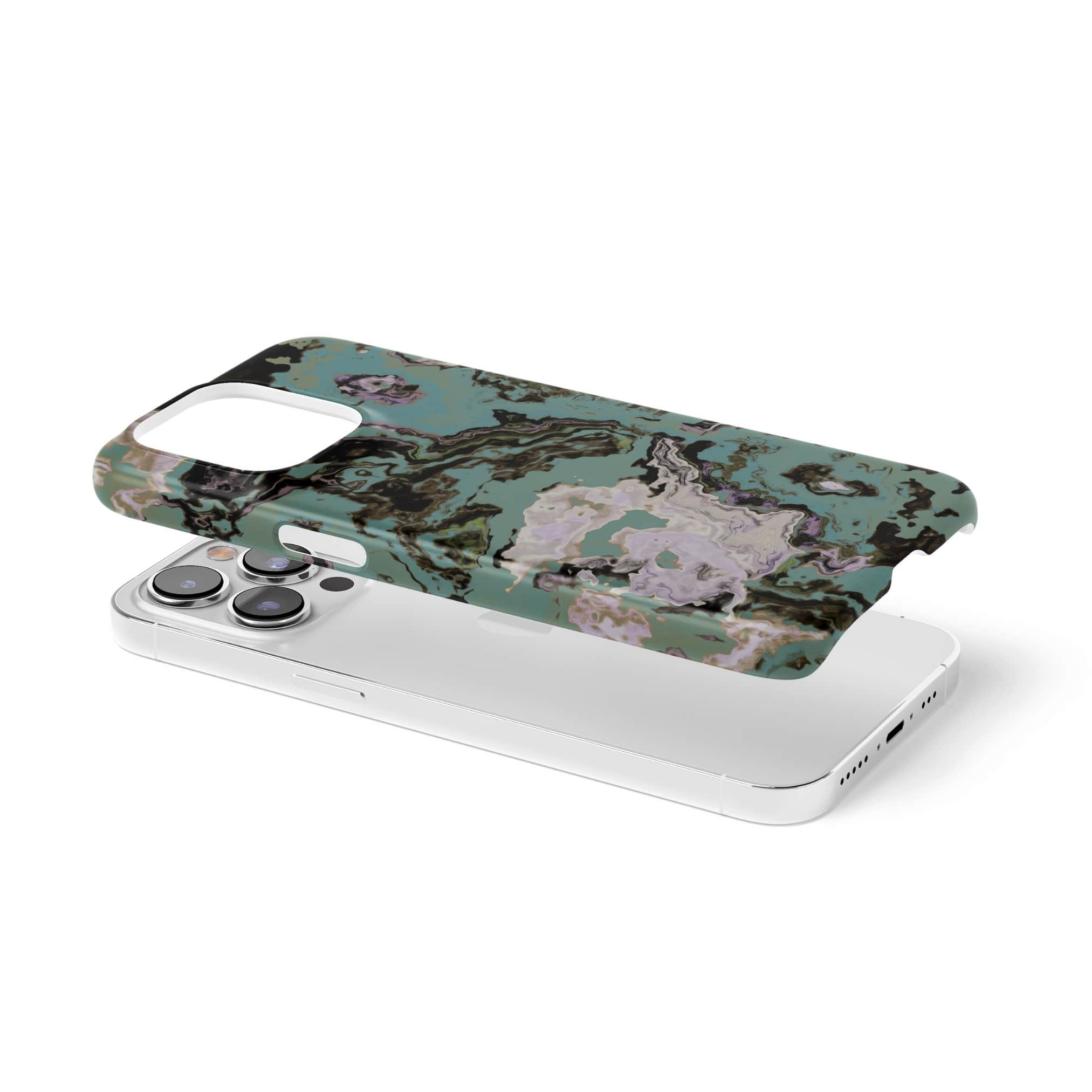 Ultra thin snap phone case with a bold vivid pattern in marble abstract and artistic style, featuring an elegant and expressive aesthetic design. Main colors are teal blue and light lilac. Extend view.
