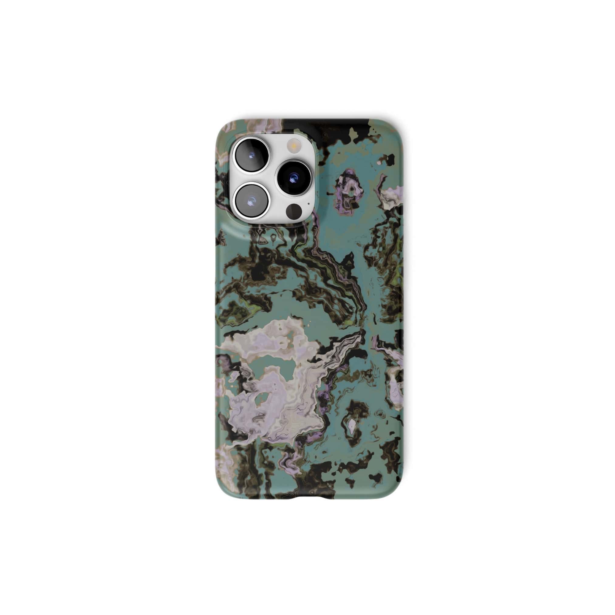 Ultra thin snap phone case with a bold vivid pattern in marble abstract and artistic style, featuring an elegant and expressive aesthetic design. Main colors are teal blue and light lilac. Front view.