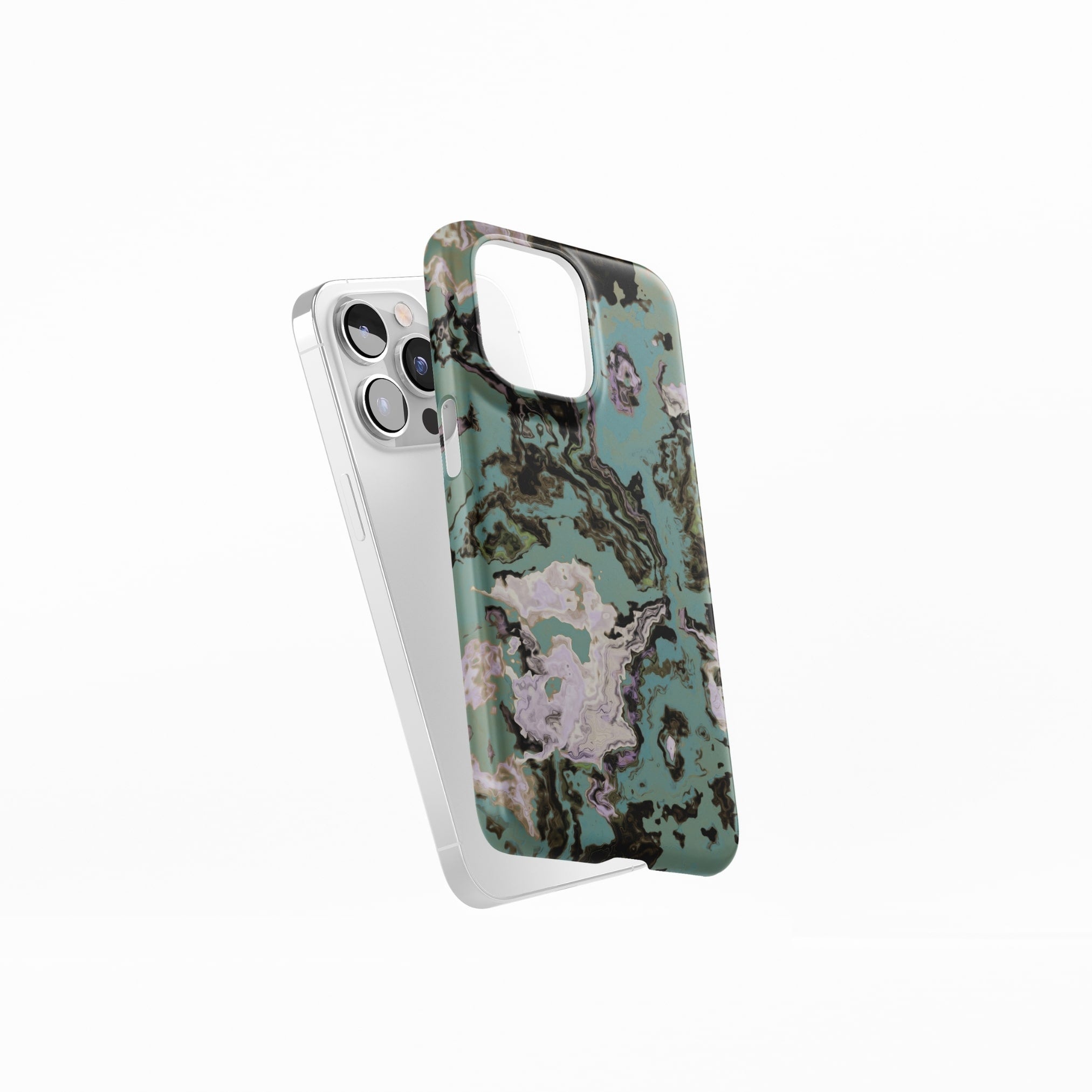 Ultra thin snap phone case with a bold vivid pattern in marble abstract and artistic style, featuring an elegant and expressive aesthetic design. Main colors are teal blue and light lilac. Side view.