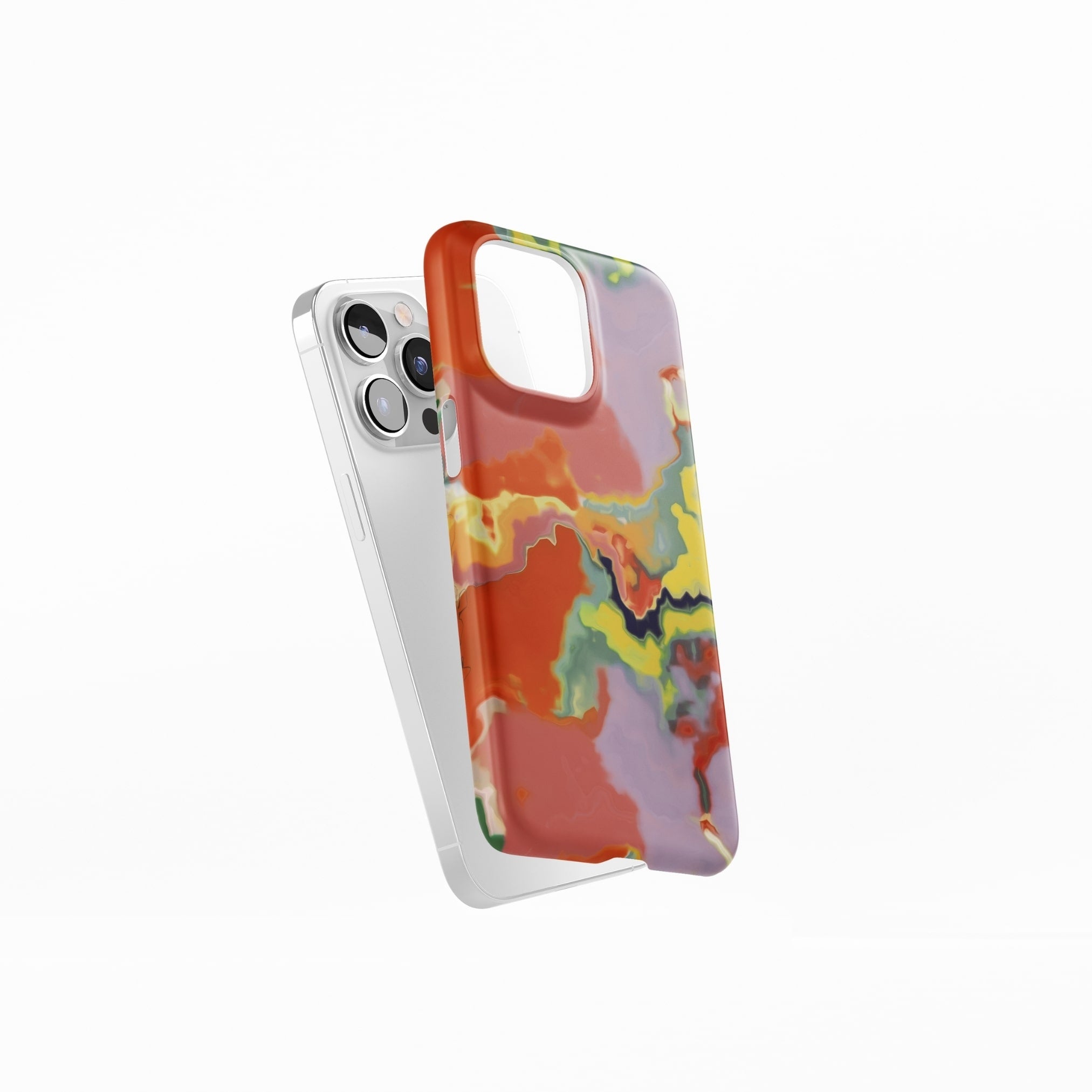 Ultra thin snap phone case side view; Tropical 1 pattern, artistic, abstract marble pattern. Orange and yellow color combination.