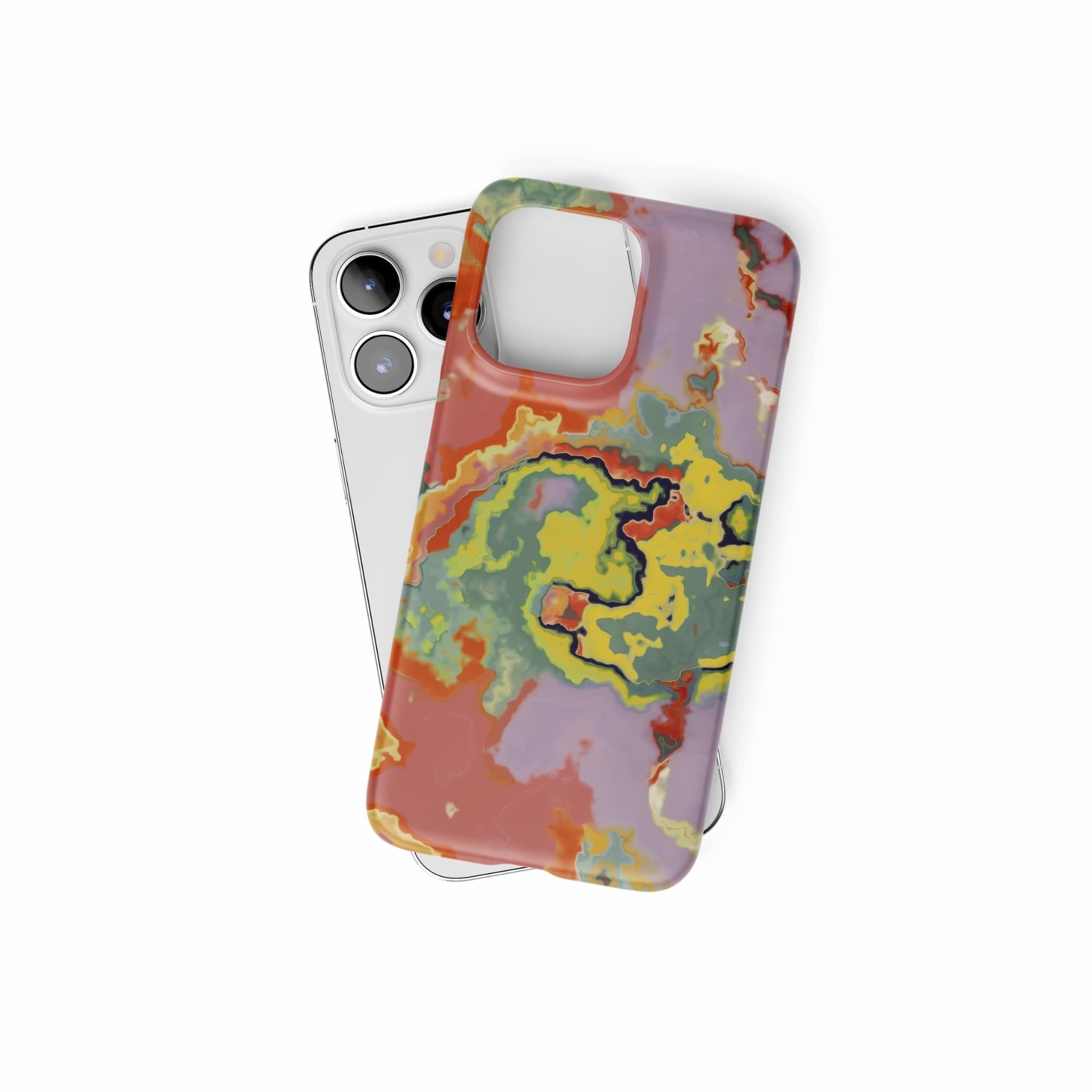 Ultra thin snap phone case front view; Tropical 2 pattern, artistic, abstract marble pattern. Orange and green color combination. Bold expressive aesthetic design. Colorful and interior fit. Elegant.