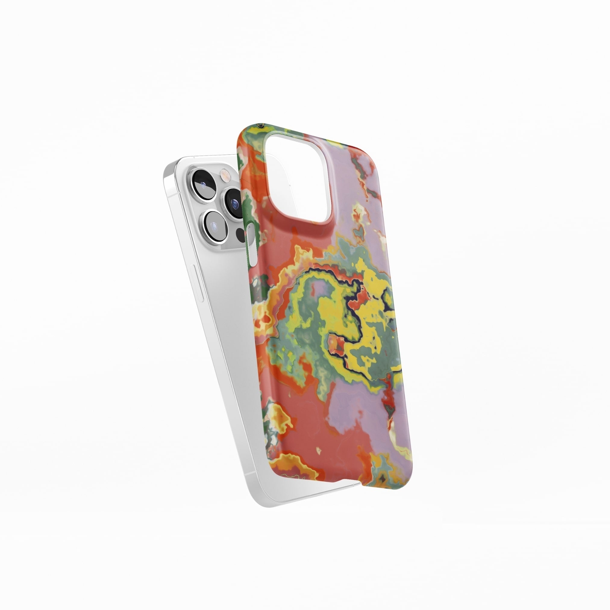 Ultra thin snap phone case side view; Tropical 2 pattern, artistic, abstract marble pattern. Orange and green color combination. 