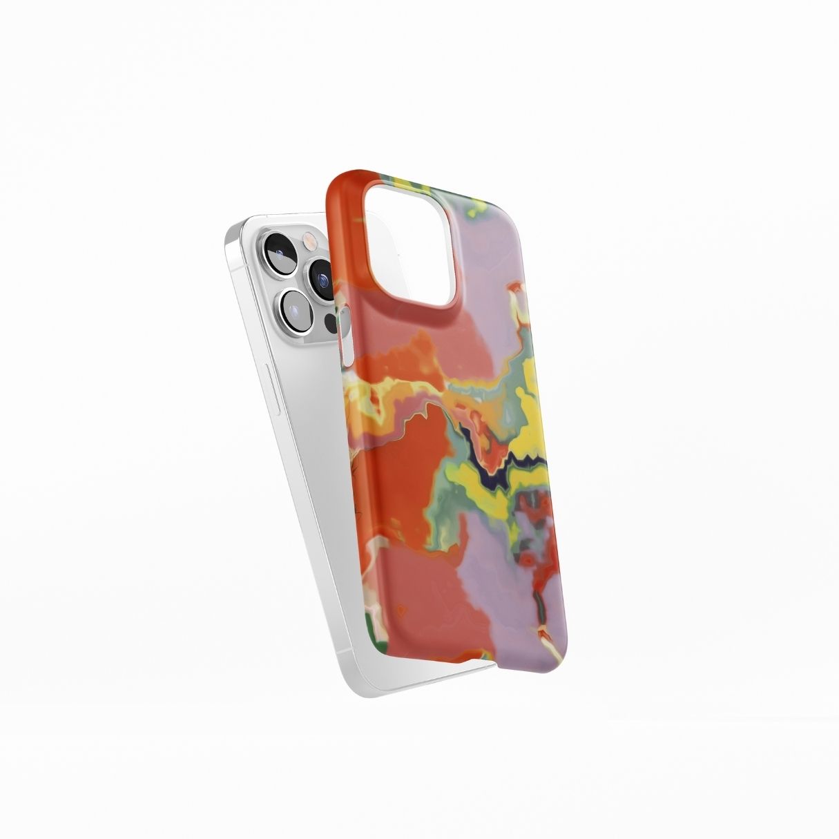 Ultra thin snap phone case side view; Tropical pattern, artistic, abstract marble pattern. Orange and yellow color combination.