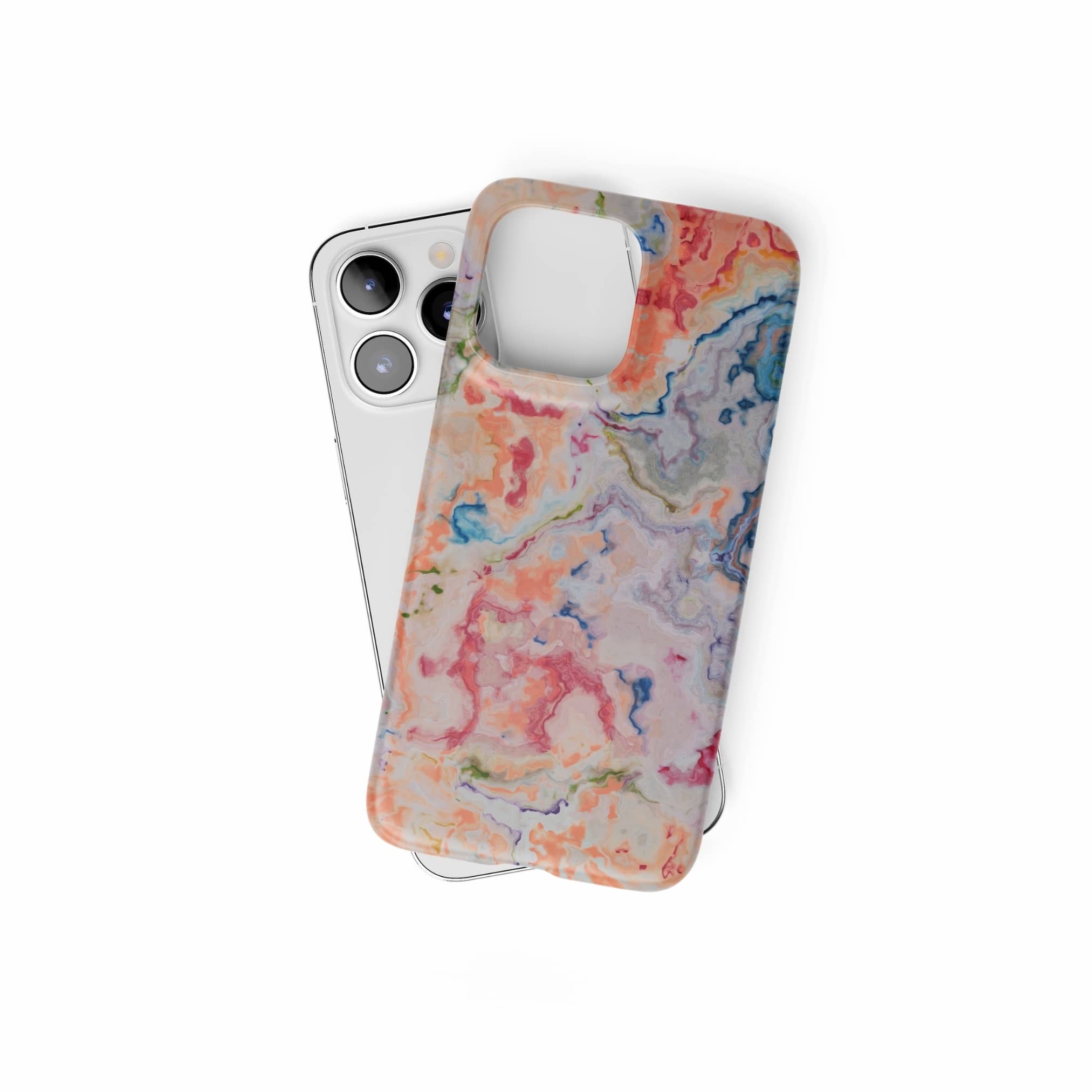Snap ultra thin phone case with a bold vivid pattern Ufo 1 in marble abstract and artistic style, featuring an elegant and expressive aesthetic design. Main colors are blue, orange and red. Front view.