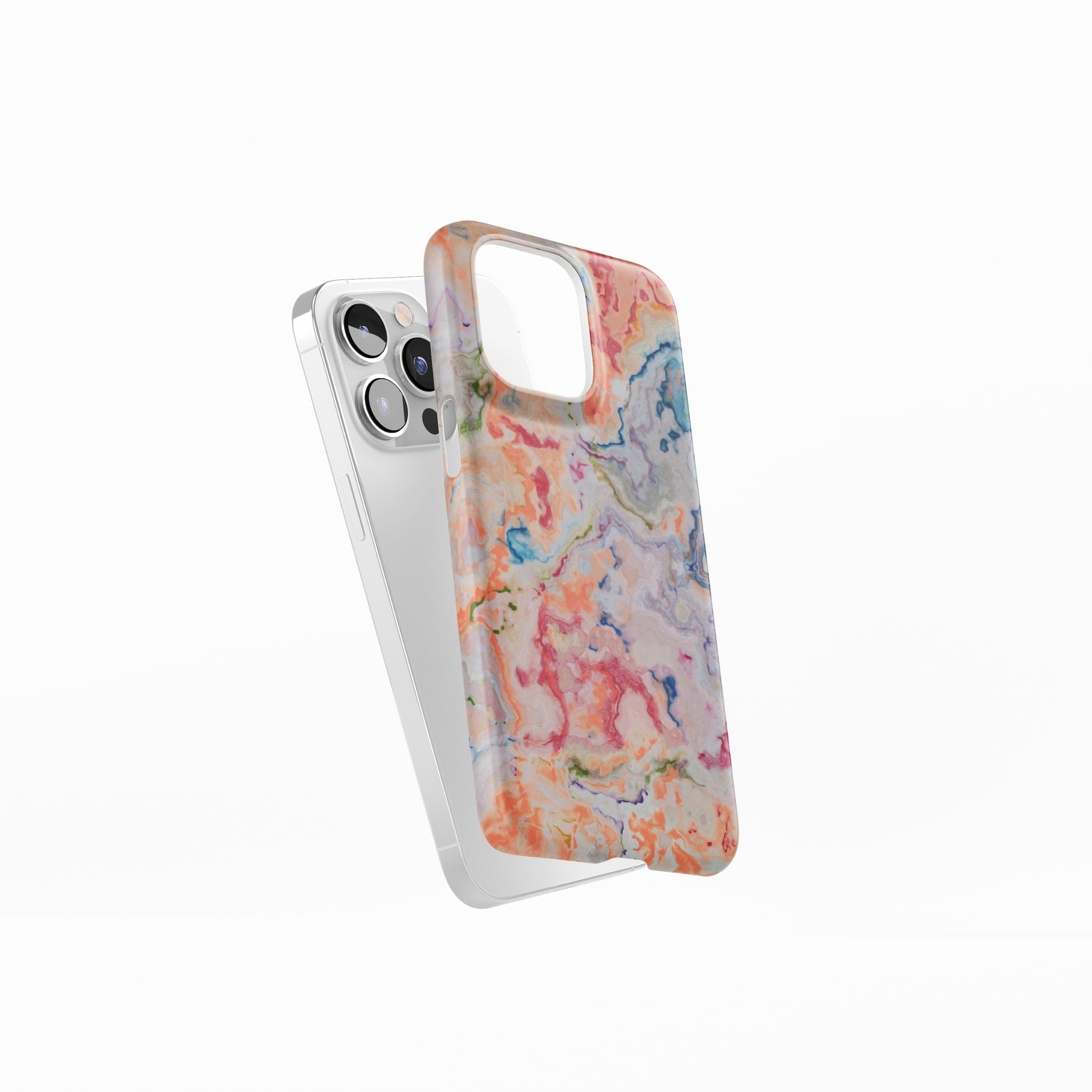 Snap ultra thin phone case with a bold vivid pattern Ufo 1 in marble abstract and artistic style, featuring an elegant and expressive aesthetic design. Main colors are blue, orange and red. Side view.