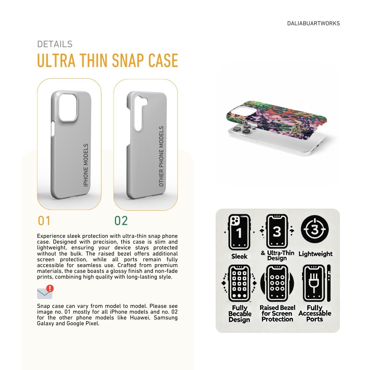 Snap ultra thin phone case with a bold vivid pattern Vincet in marble abstract and artistic style, featuring an elegant and expressive aesthetic design. Main colors are purple, orange and green. Description.