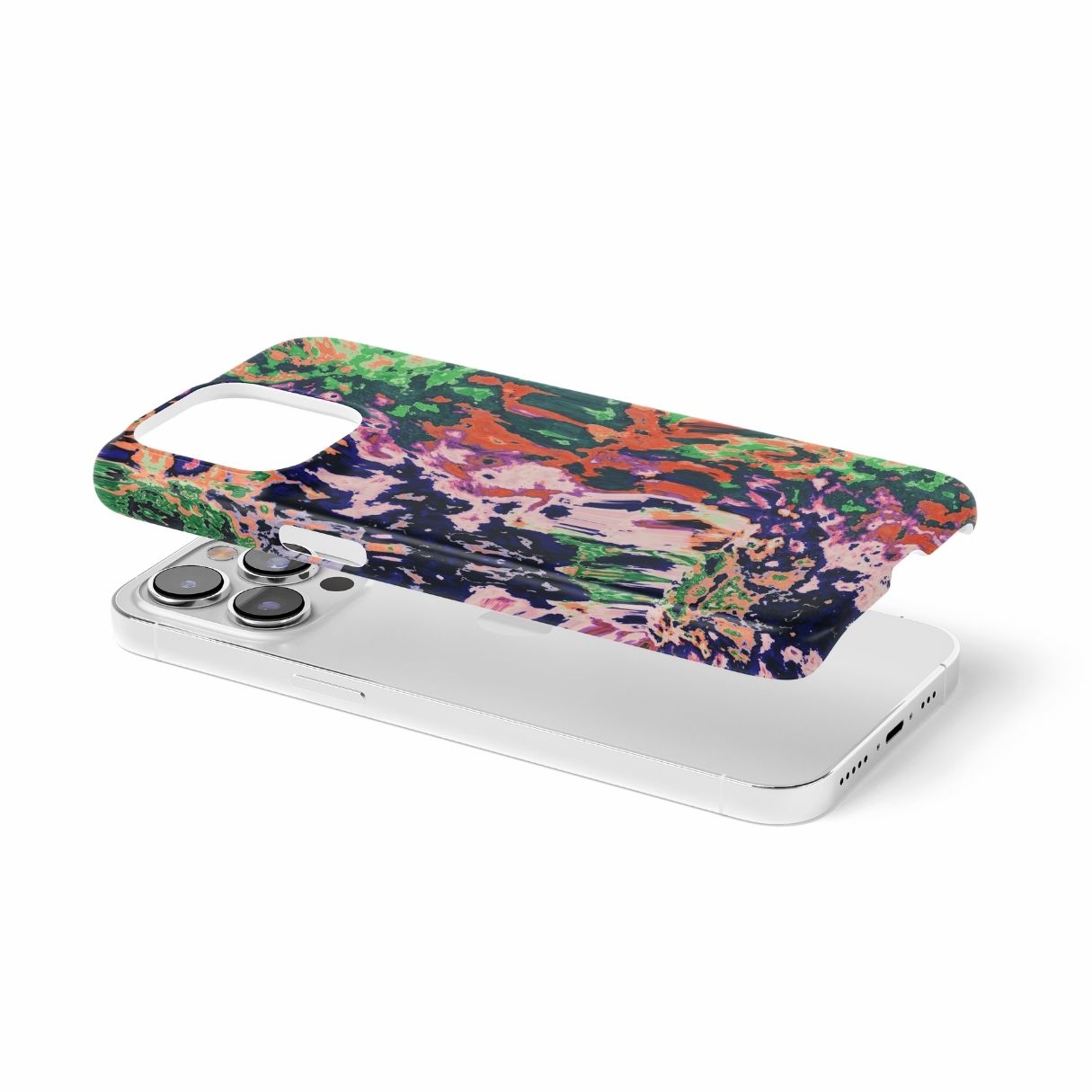 Snap ultra thin phone case with a bold vivid pattern Vincet in marble abstract and artistic style, featuring an elegant and expressive aesthetic design. Main colors are purple, orange and green. Extend view.