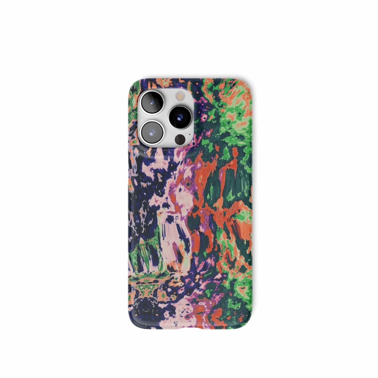 Snap ultra thin phone case with a bold vivid pattern Vincet in marble abstract and artistic style, featuring an elegant and expressive aesthetic design. Main colors are purple, orange and green. Front view. 