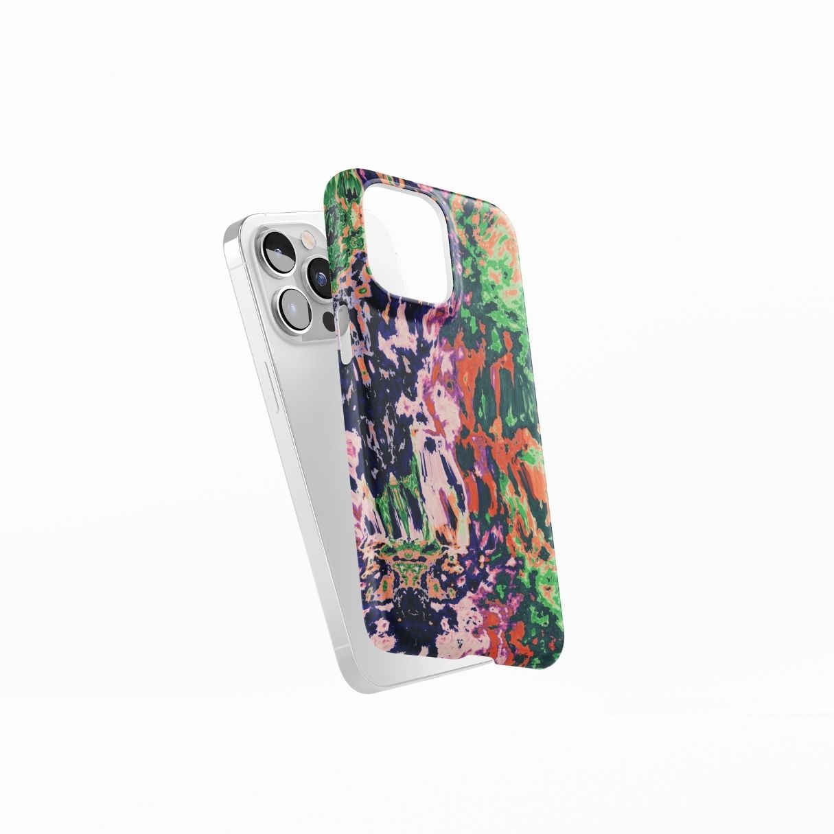 Snap ultra thin phone case with a bold vivid pattern Vincet in marble abstract and artistic style, featuring an elegant and expressive aesthetic design. Main colors are purple, orange and green. Side view.