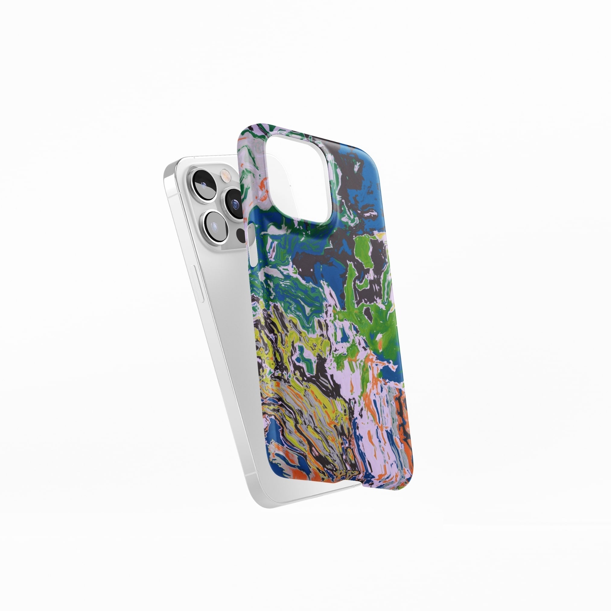 Snap phone case with a bold vivid pattern in marble abstract and artistic style, featuring an elegant and expressive aesthetic design. Main colors are blue, green and yellow with slight orange. Side view.