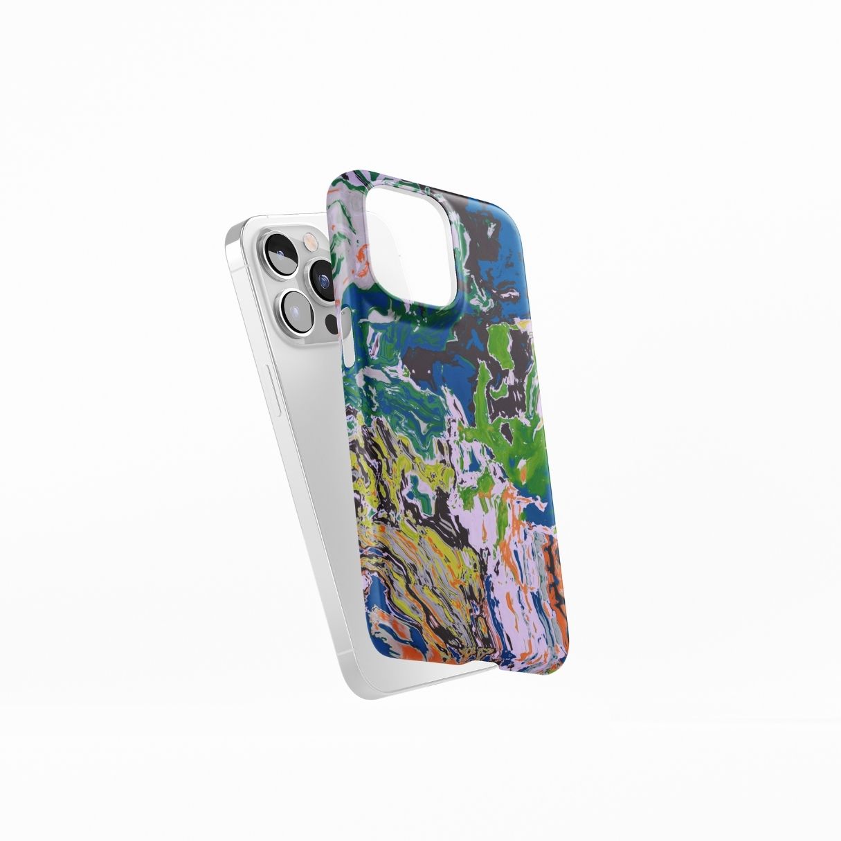 Snap phone case with a bold vivid pattern in marble abstract and artistic style, featuring an elegant and expressive aesthetic design. Main colors are blue, green and yellow with slight orange. Side view.