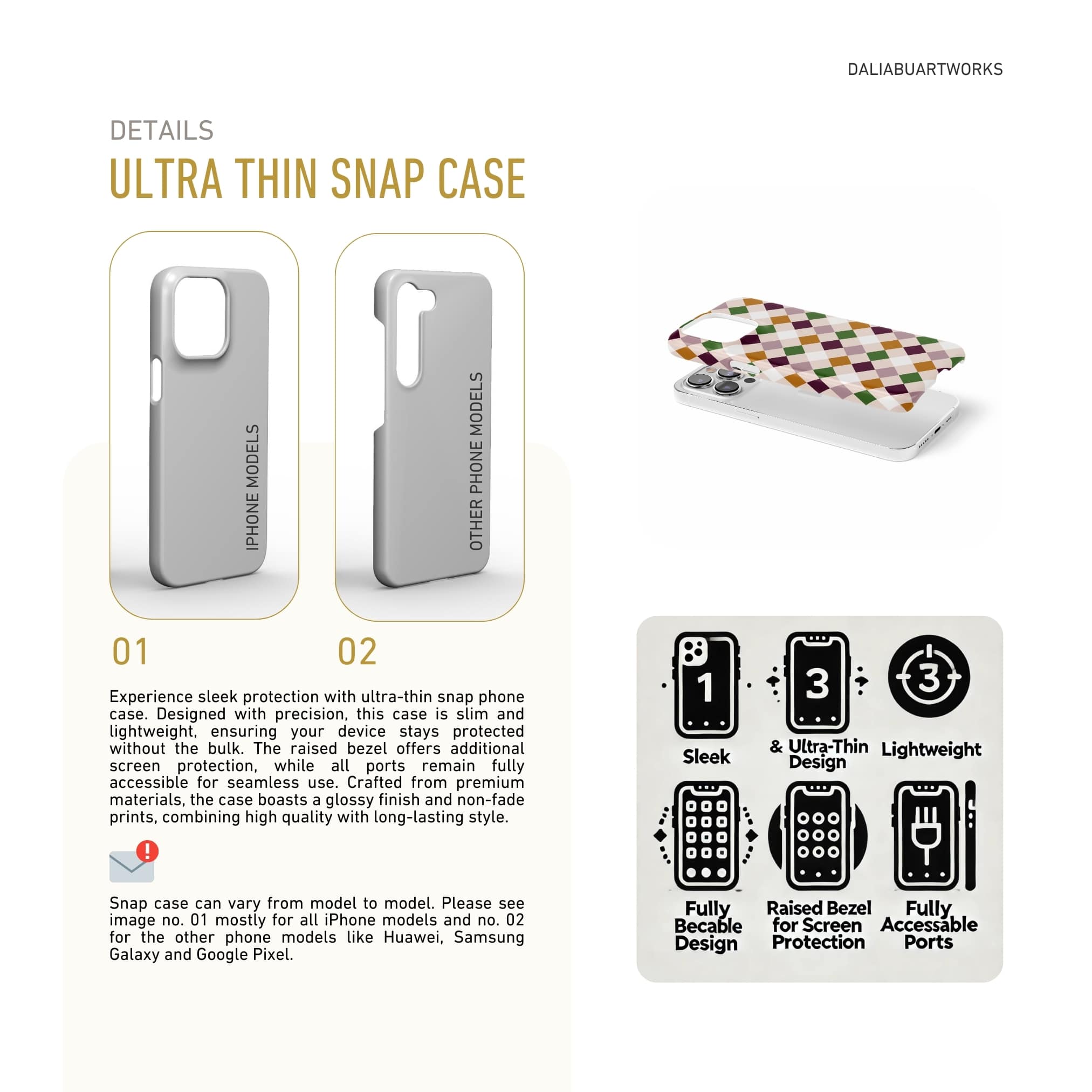 Ultra thin snap phone case Wonder Chess pattern design with a dynamic geometric symmetry in chess style, featuring an elegant and expressive aesthetic design. Main colors are sugar brown, green, deep cherry and pink. Details about skin snug fit  phone cover features.