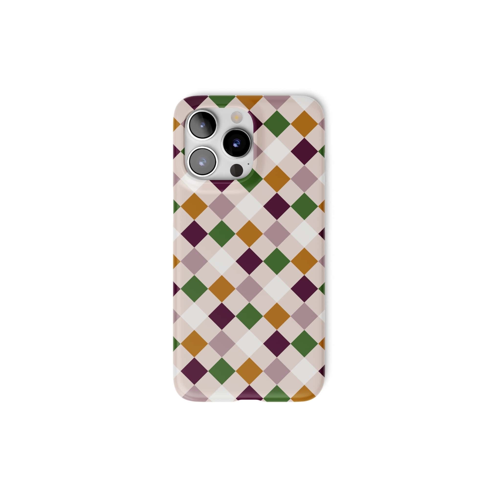 Ultra thin snap phone case Wonder Chess pattern design with a dynamic geometric symmetry in chess style, featuring an elegant and expressive aesthetic design. Main colors are sugar brown, green, deep cherry and pink. Front view.