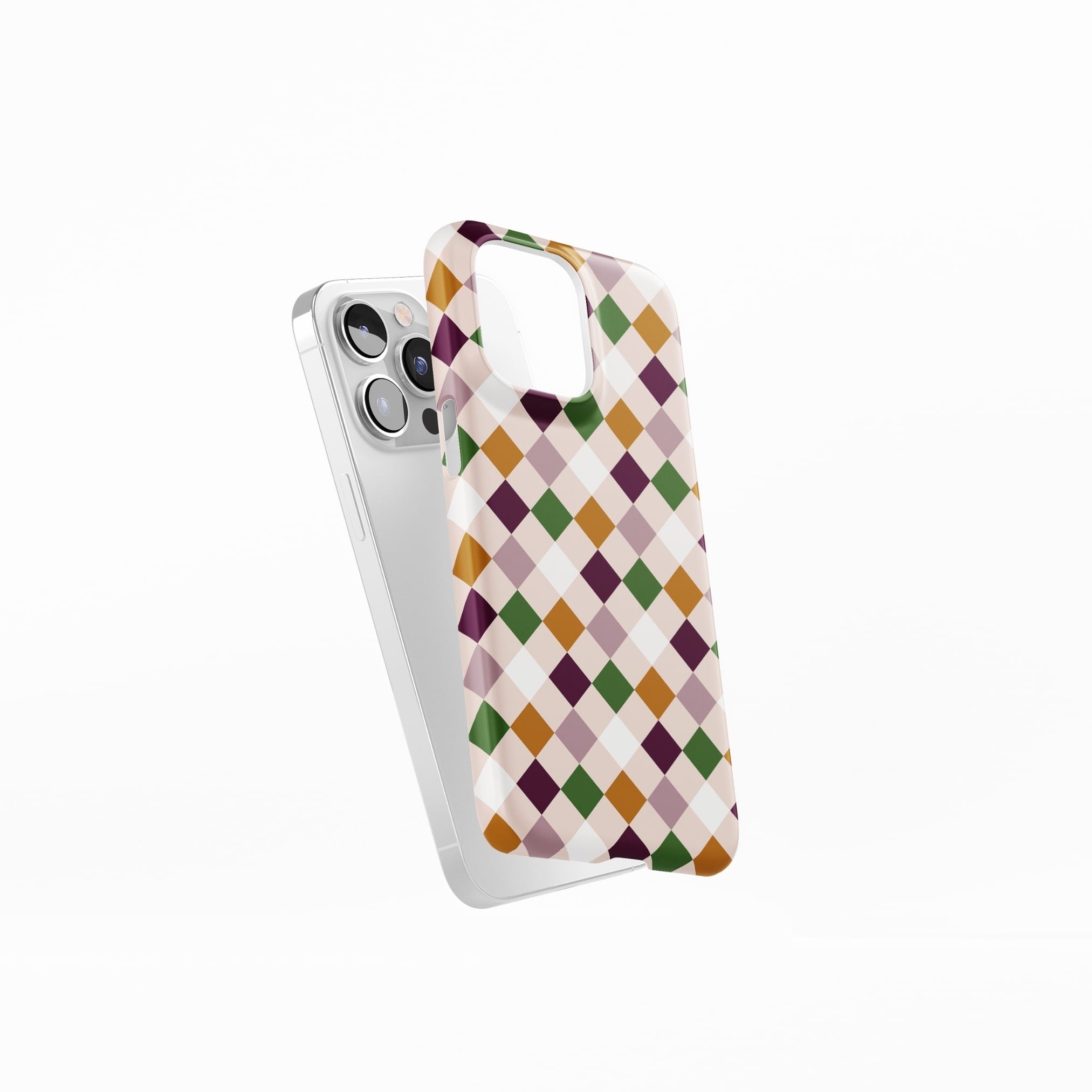 Ultra thin snap phone case Wonder Chess pattern design with a dynamic geometric symmetry in chess style, featuring an elegant and expressive aesthetic design. Main colors are sugar brown, green, deep cherry and pink. Side view.