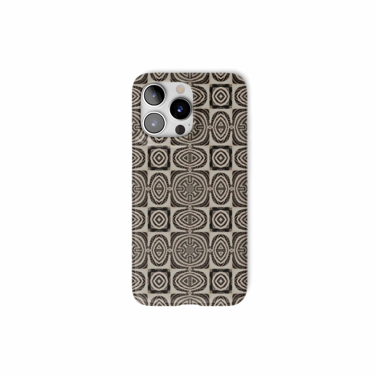 Snap phone case front view; Wooden Snake 1 pattern, ornamental pattern; kaleidoscope pattern imagination. Brown color.