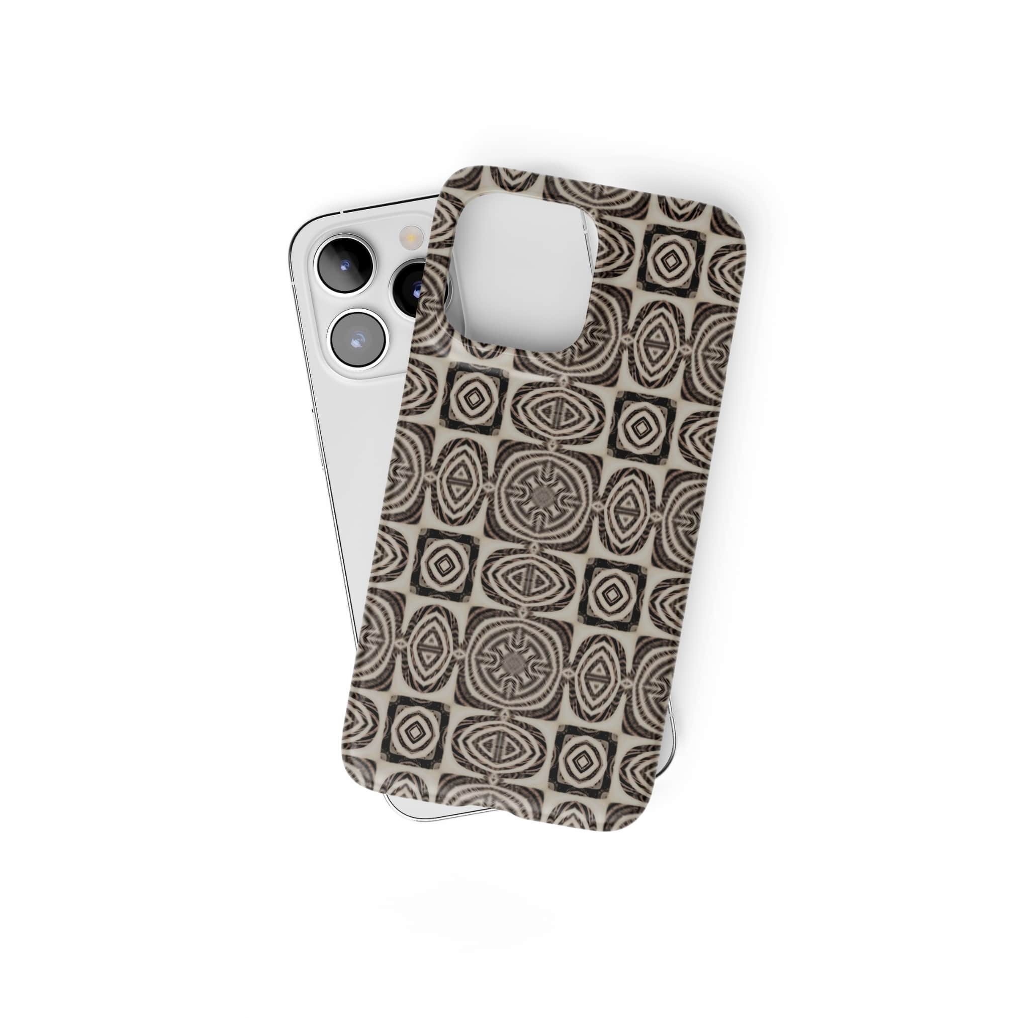 Snap phone case front view; wooden snake 1 pattern, ornamental pattern; kaleidoscope pattern imagination. Brown color. Bold expressive aesthetic design. Colorful and interior fit. Elegant.