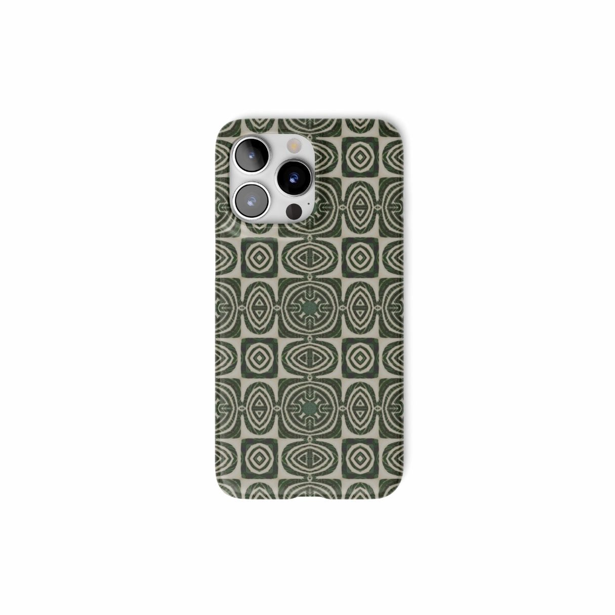 Ultra thin snap phone case front view; Wooden Snake 2 pattern, ornamental pattern; kaleidoscope pattern imagination. Green color.