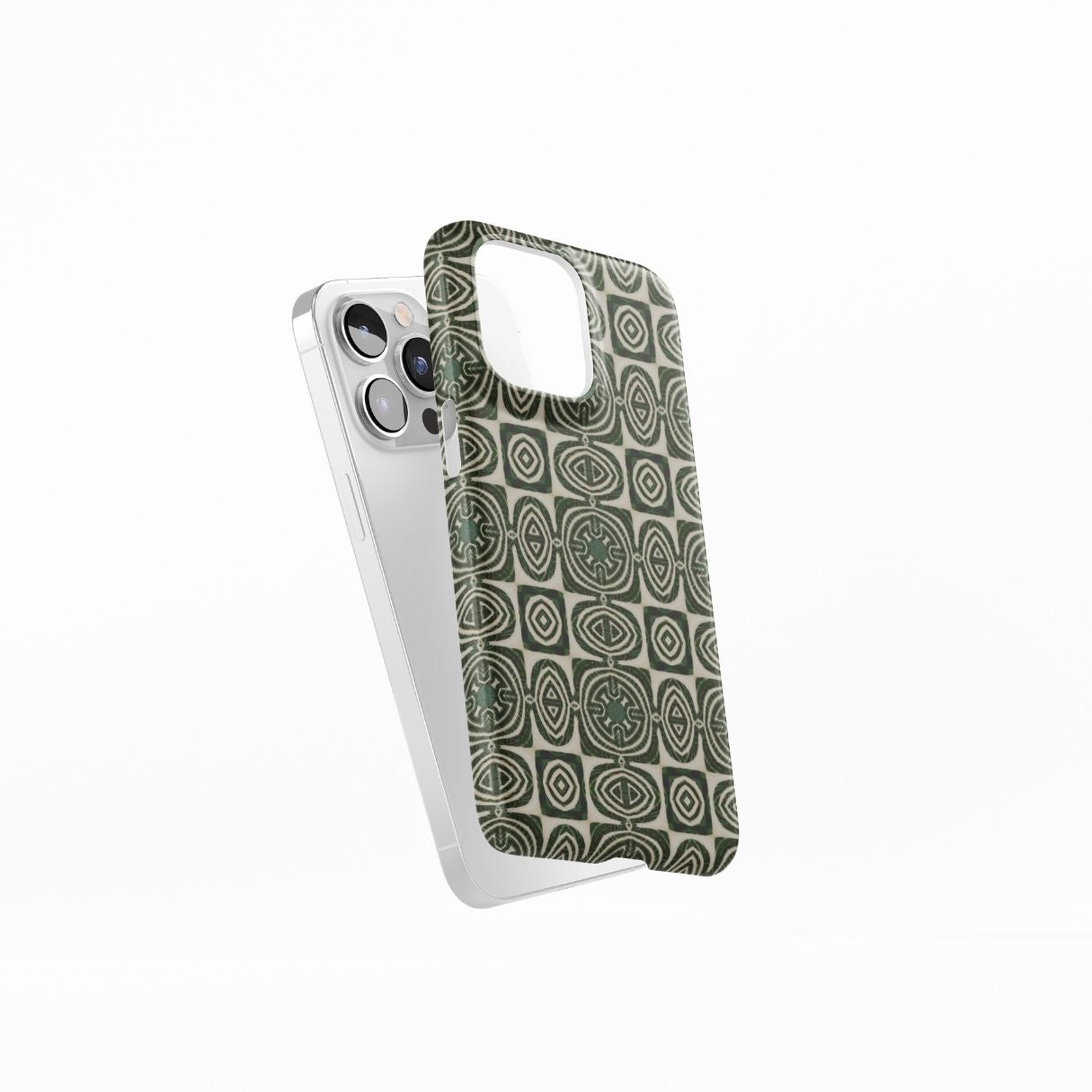 Ultra thin snap phone case side view; Wooden Snake 2 pattern, ornamental pattern; kaleidoscope pattern imagination. Green color.