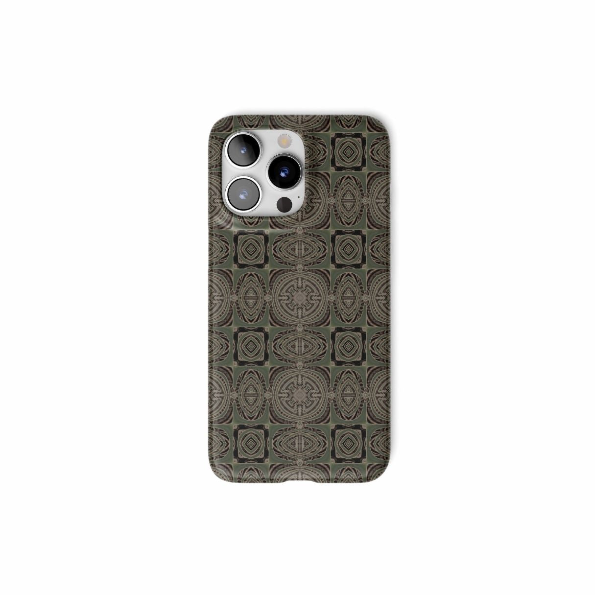Ultra thin snap phone case front view; Wooden Snake 3 pattern, ornamental pattern; kaleidoscope pattern imagination. Green color.