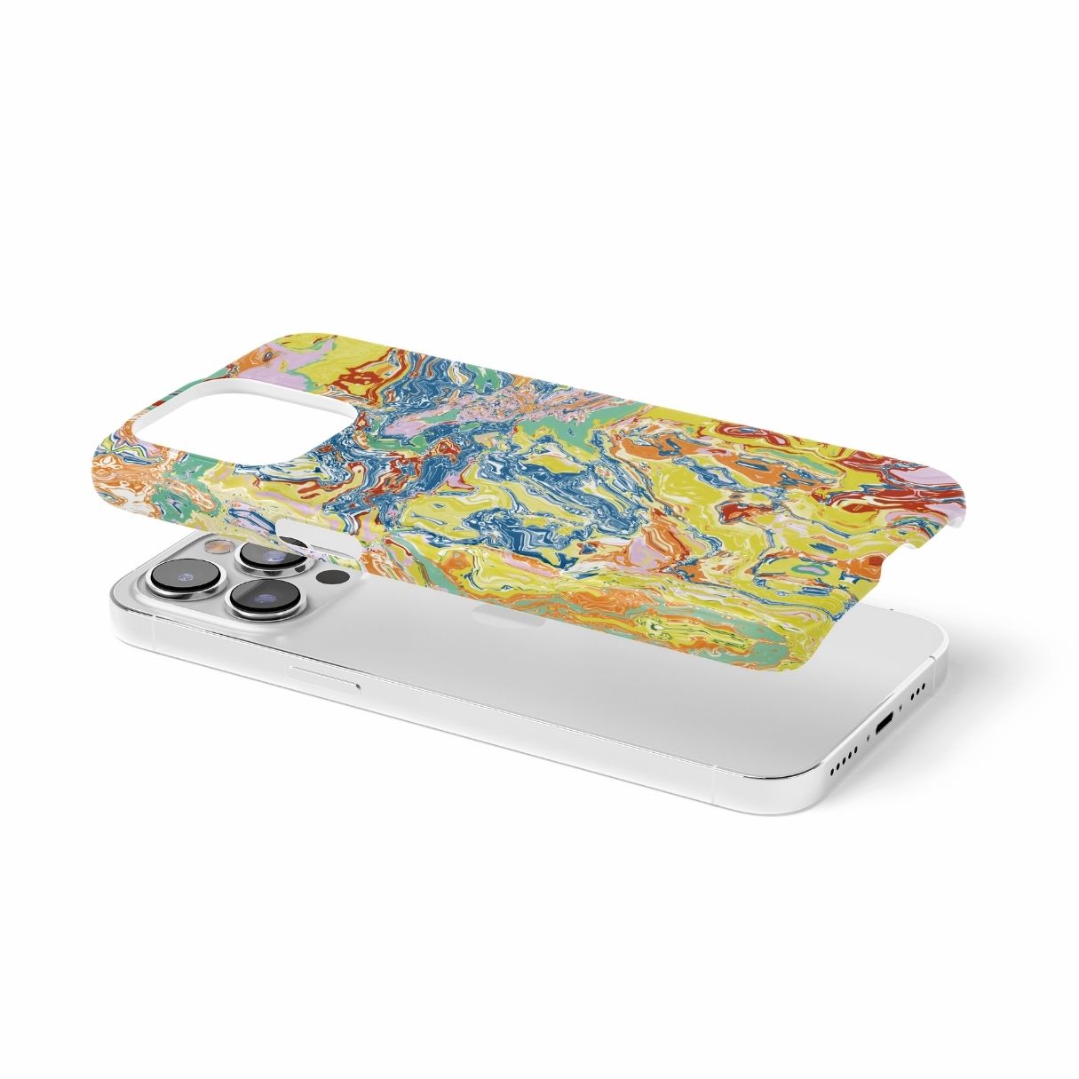 Ultra thin snap phone case with a bold vivid pattern Yell Ow abstract and artistic style, featuring an elegant and expressive aesthetic design. Main colors are yellow and blue. Extend view.