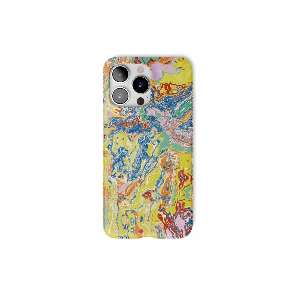 Ultra thin snap phone case with a bold vivid pattern Yell Ow abstract and artistic style, featuring an elegant and expressive aesthetic design. Main colors are yellow and blue. Front view.