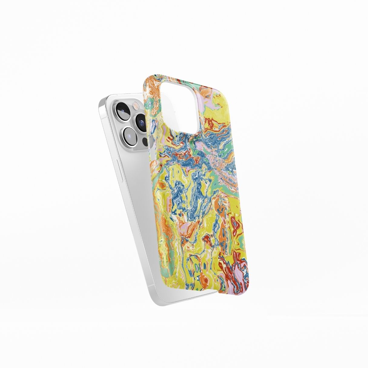 Ultra thin snap phone case with a bold vivid pattern Yell Ow abstract and artistic style, featuring an elegant and expressive aesthetic design. Main colors are yellow and blue. Side view.