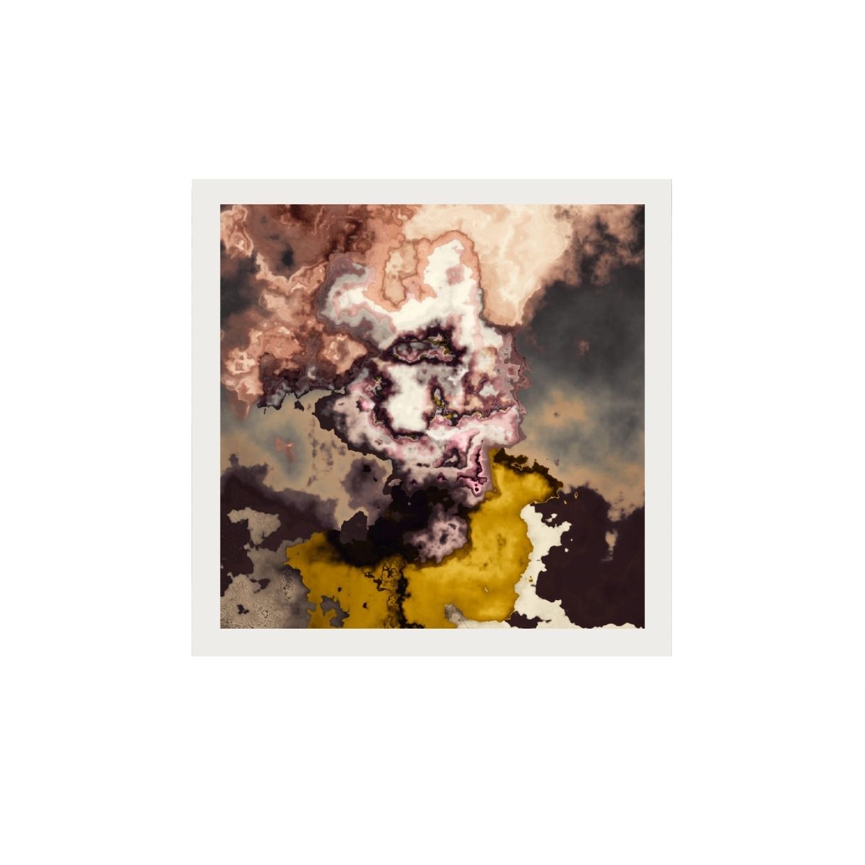 Abstract art print with brown, beige, and yellow colors on a white background.