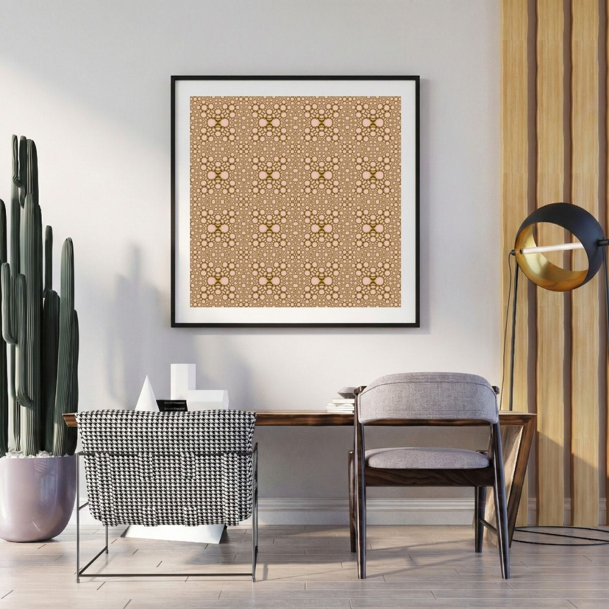 Modern interior with a patterned wall art piece, chairs, and decor items.