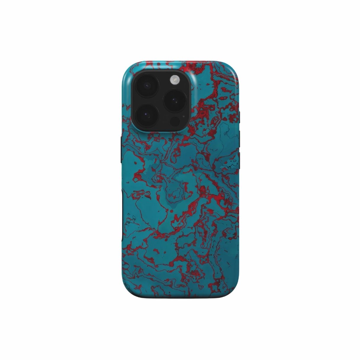 Tough phone case with vivid color pattern Arteries abstract and artistic style, featuring an elegant and expressive aesthetic design. Main colors are red, turquoise blue. Front view.
