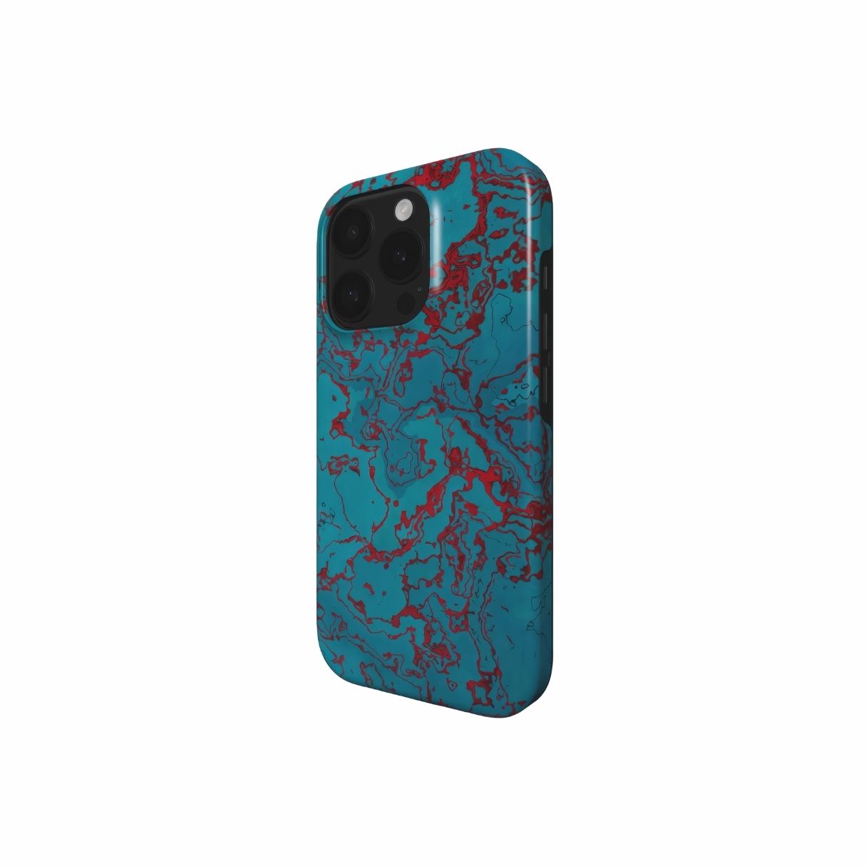 Tough phone case with vivid color pattern Arteries abstract and artistic style, featuring an elegant and expressive aesthetic design. Main colors are red, turquoise blue. Side view.