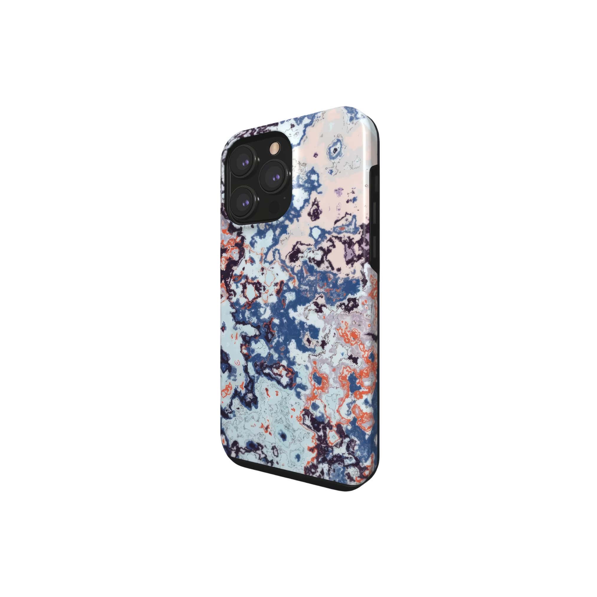 Tough phone case side view; Blue Marble 2 pattern, artistic, abstract marble pattern. Pink and blue color combination.
