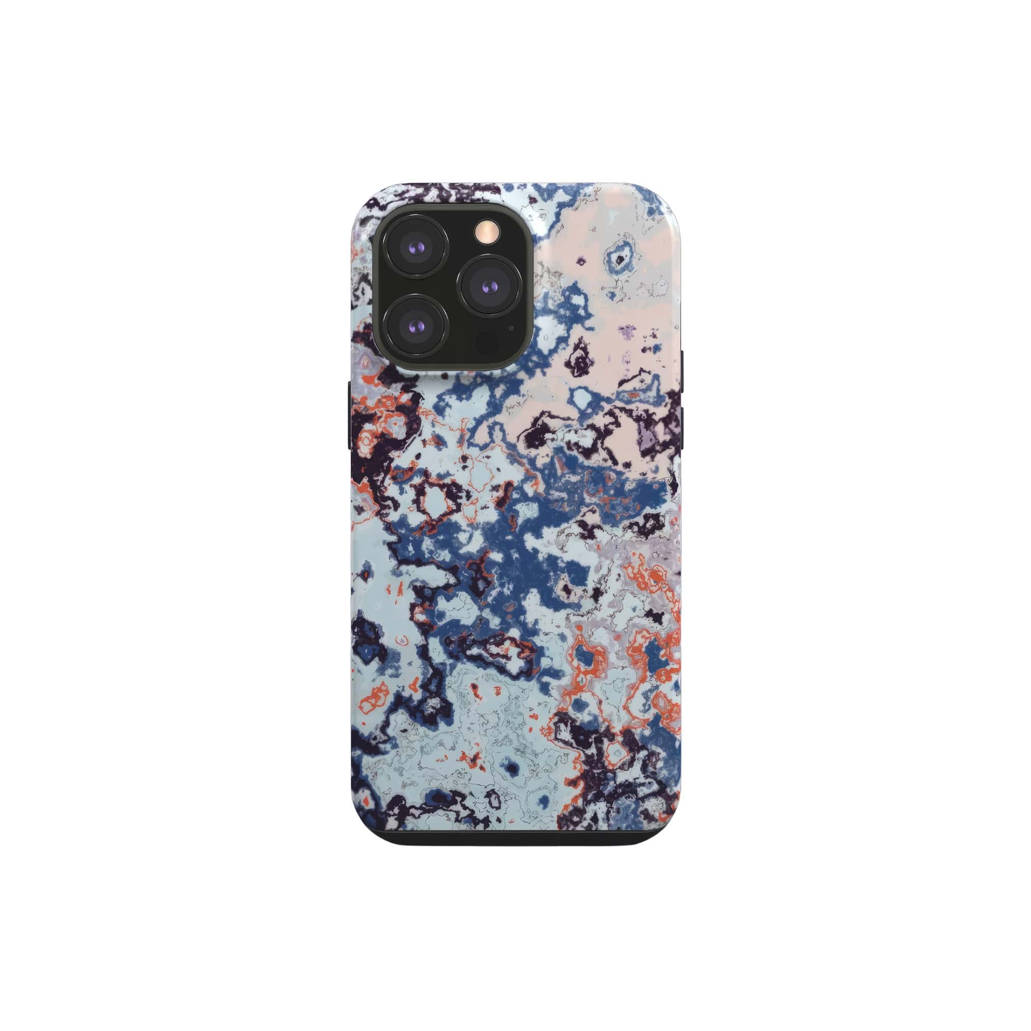 Tough phone case front view; Blue Marble Mist pattern, artistic, abstract marble pattern. Pink and blue color combination. Bold expressive aesthetic design. Colorful and interior fit. Elegant.