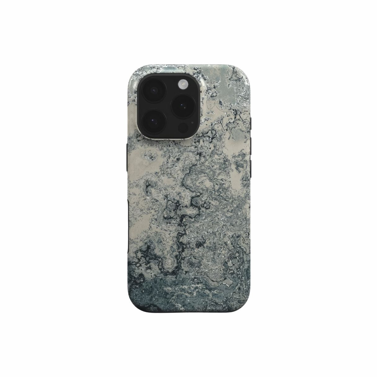 Dual-layer tough phone case with a bold vivid pattern Blue Night Dusts abstract and artistic style, featuring an elegant and expressive aesthetic design. Main colors are blue and beige. Front view.