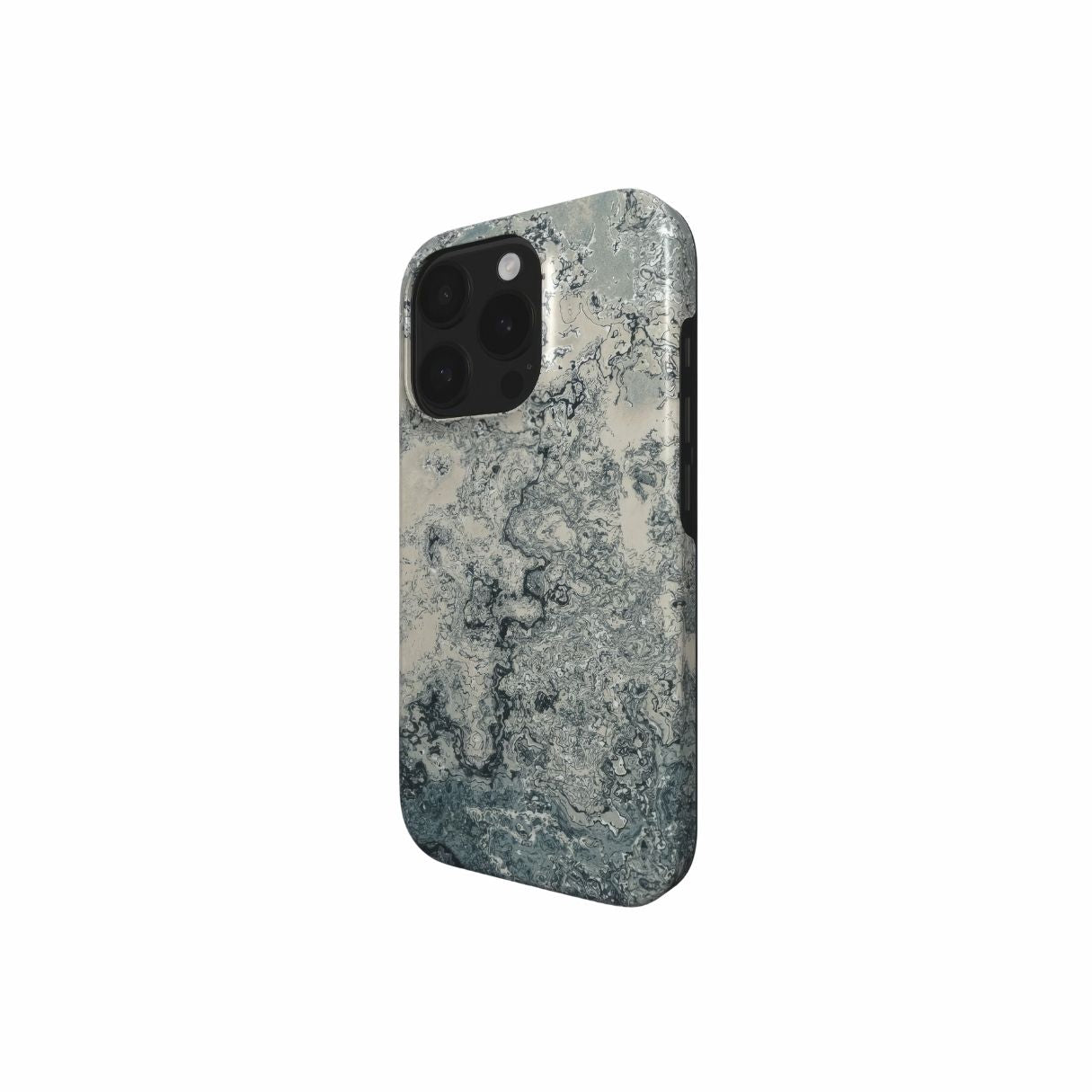Dual-layer tough phone case with a bold vivid pattern Blue Night Dusts abstract and artistic style, featuring an elegant and expressive aesthetic design. Main colors are blue and beige. Side view.