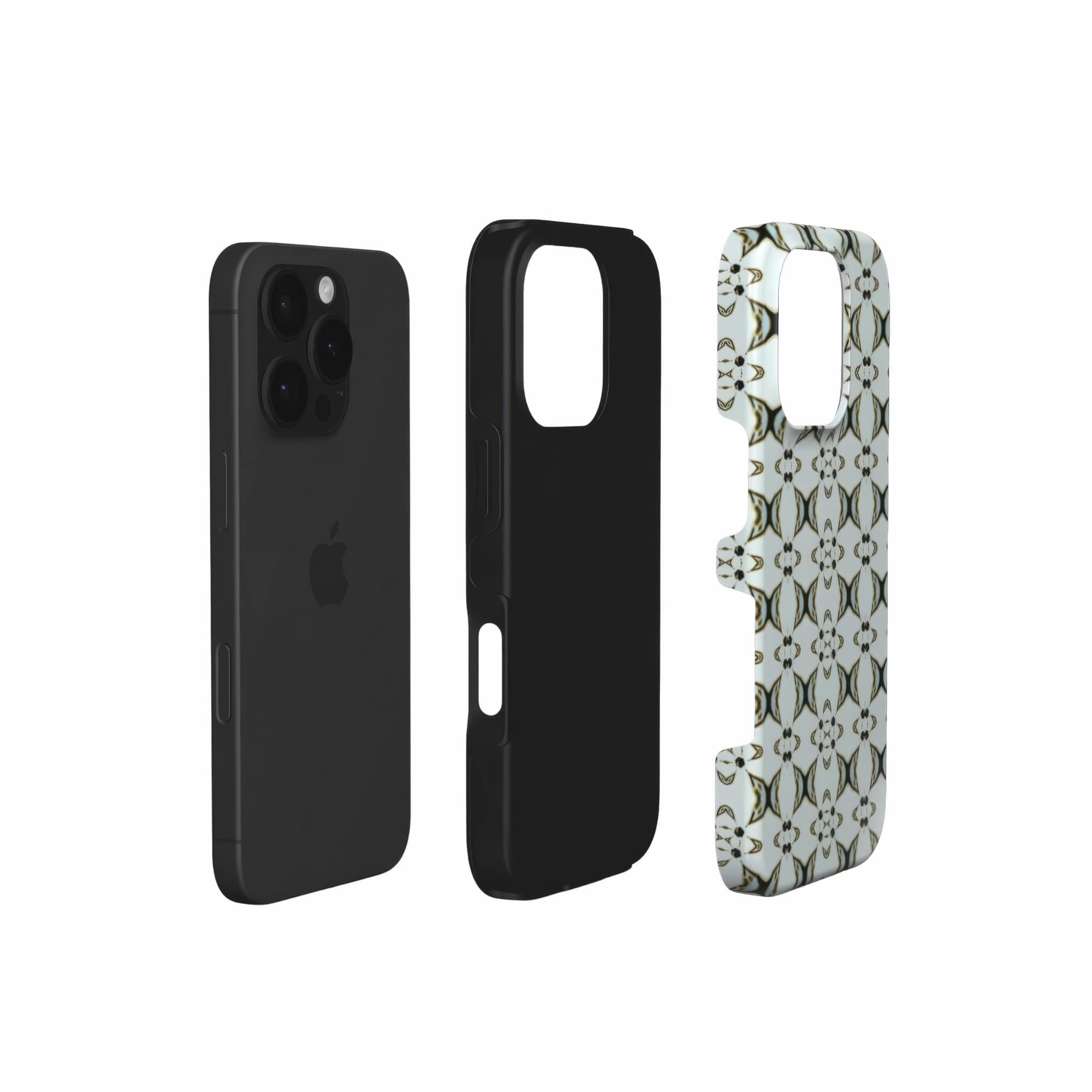 Tough phone case ButterFly pattern design with a playful, bold expression of kaleidoscope form, featuring an elegant and expressive aesthetic design. Main color is light blue. Extend view.