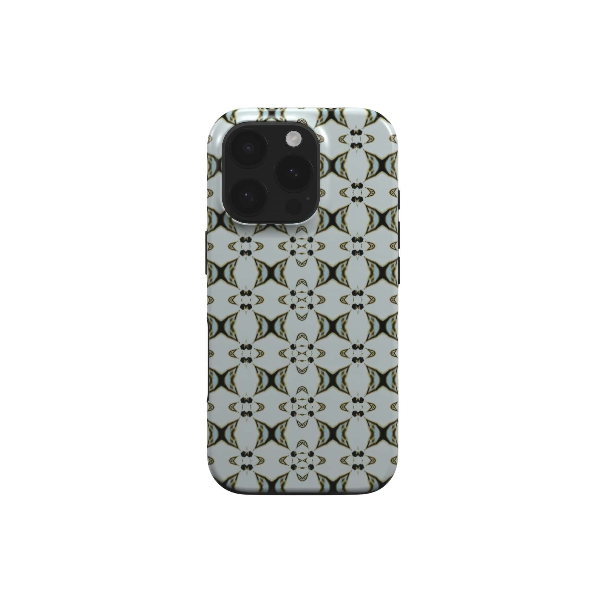 Tough phone case ButterFly pattern design with a playful, bold expression of kaleidoscope form, featuring an elegant and expressive aesthetic design. Main color is light blue. Front view.